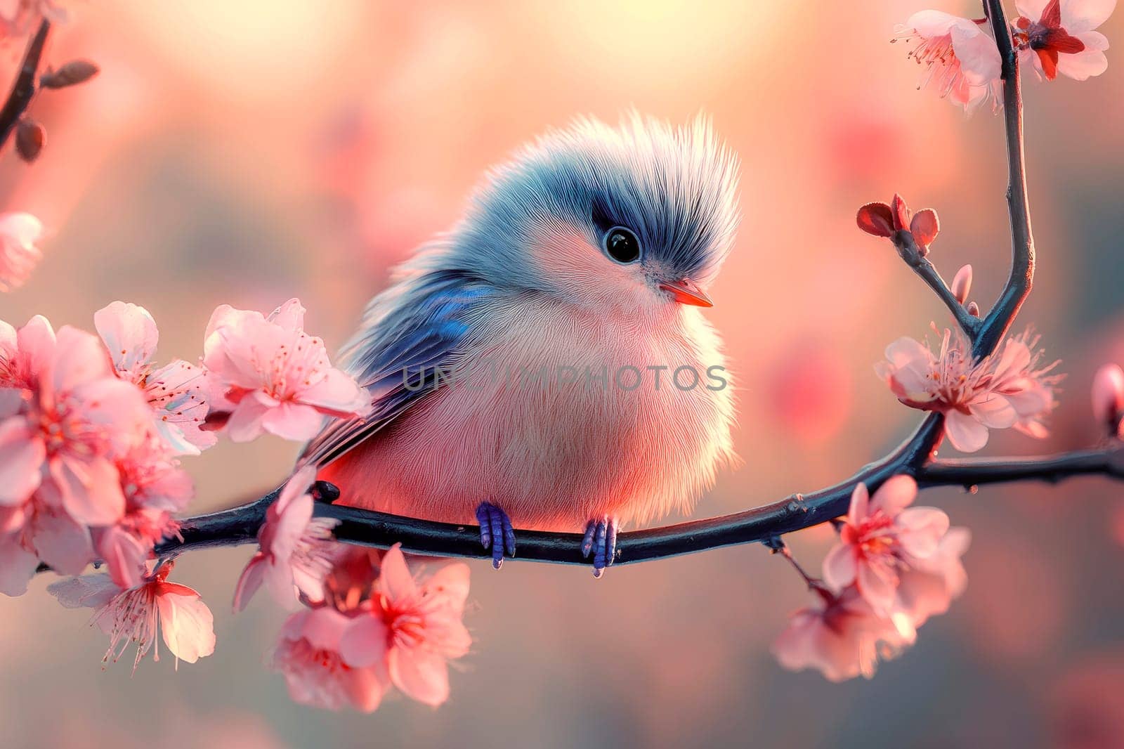 The most adorable fluffy little bird sitting on an blossom spring branch. AI generated