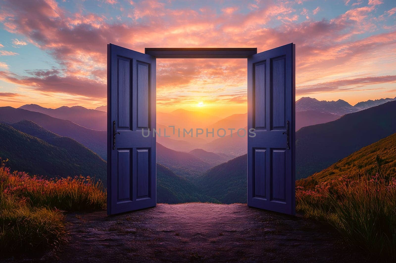 An open door with a view of the beautiful sunset on a mountains. AI generated