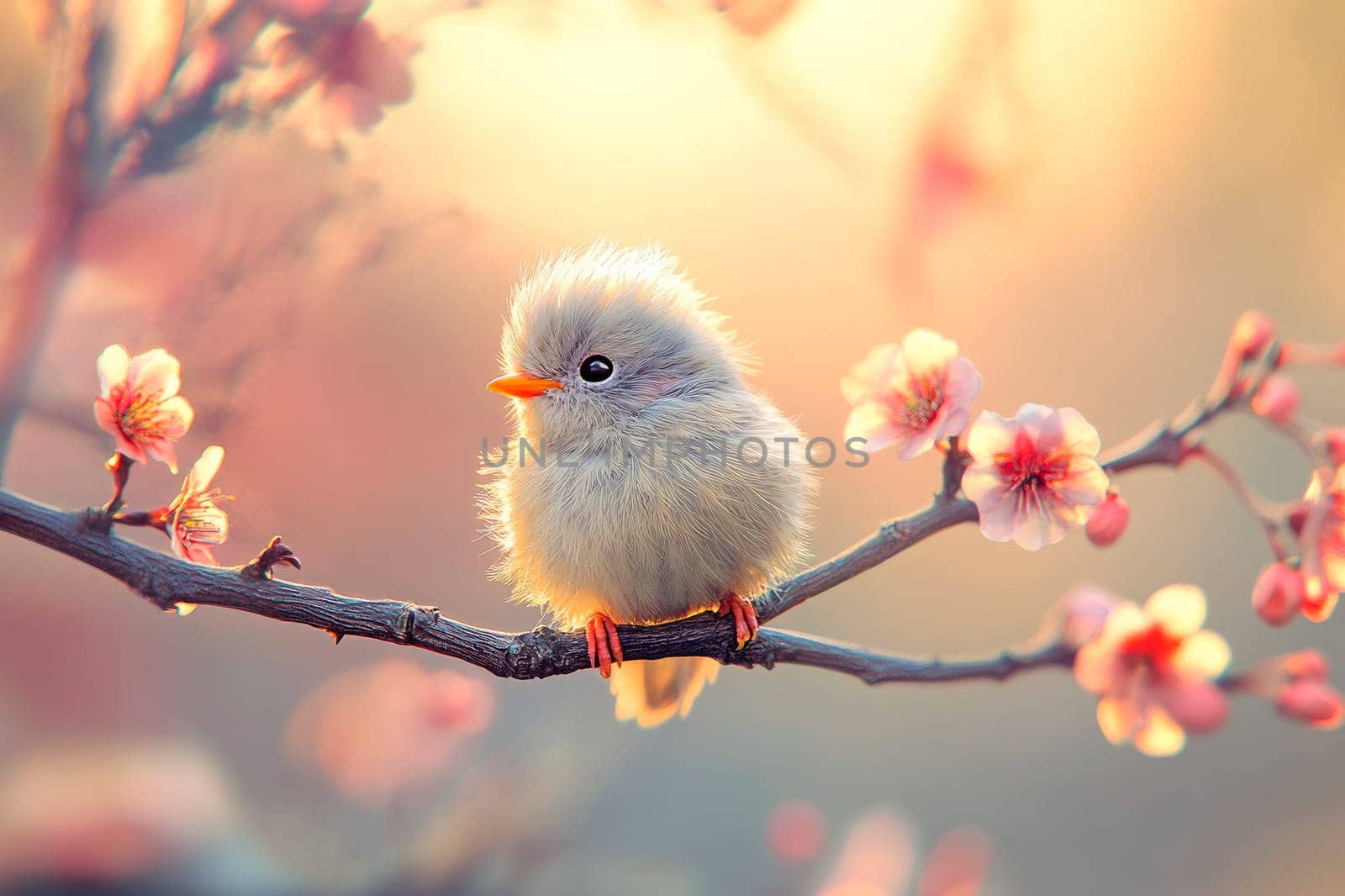 The cute fluffy little bird sitting on an blossom spring branch. AI generated