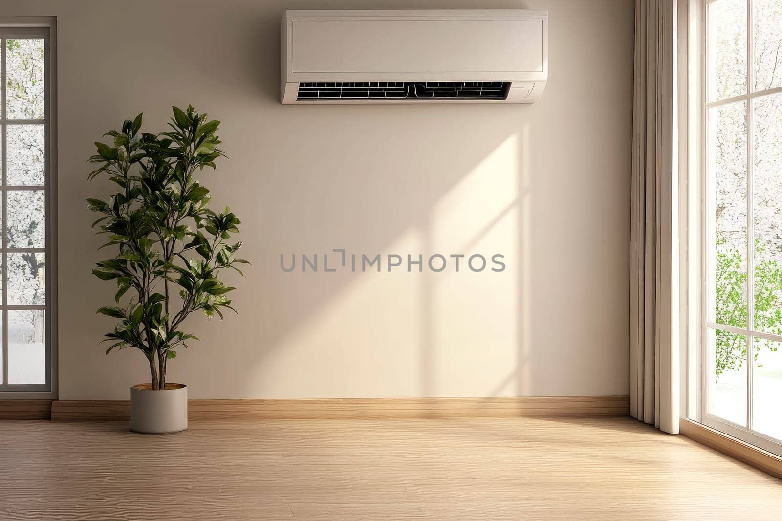 White air conditioning on the white wall in the apartment . AI generated