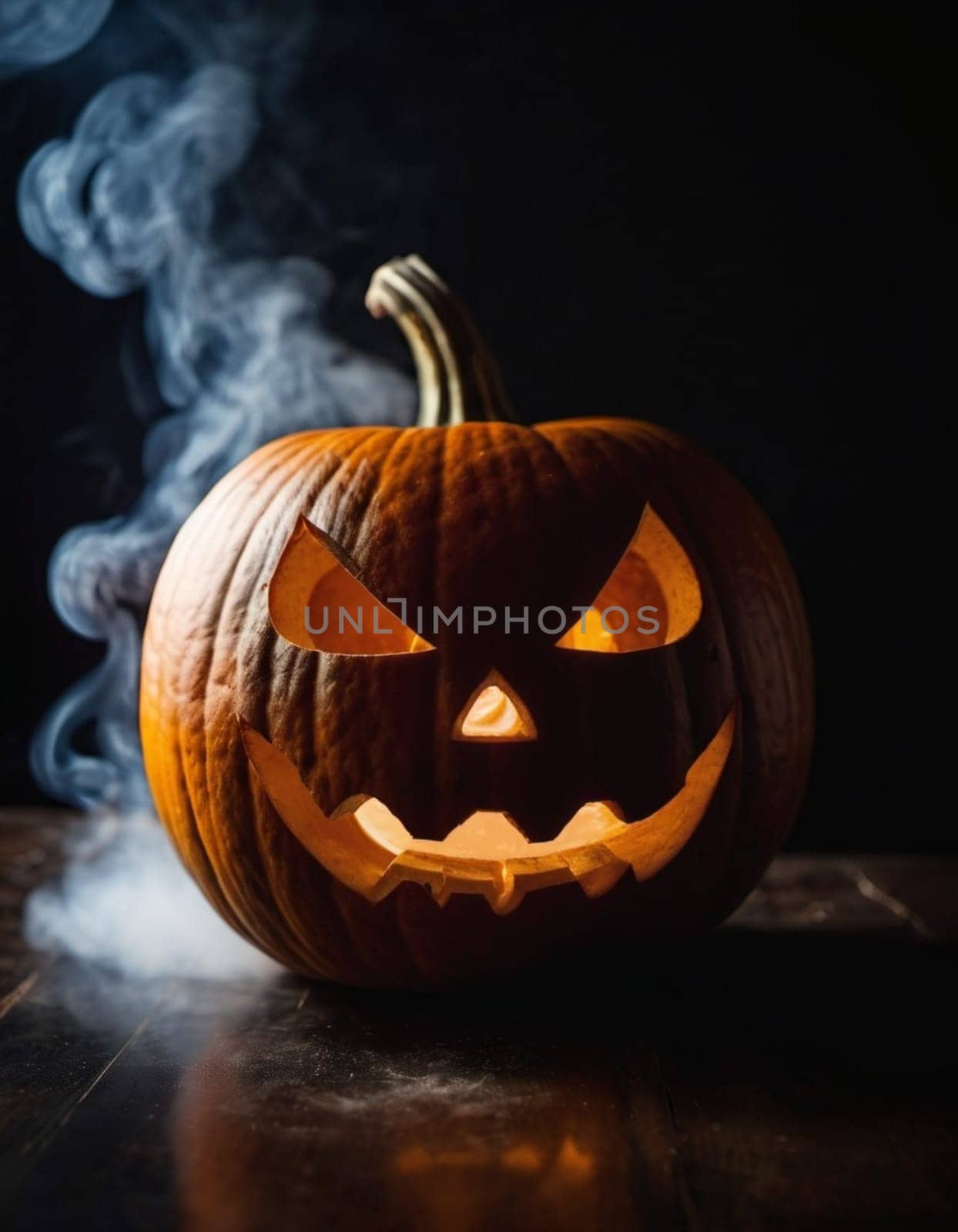 A carved pumpkin sits illuminated, emitting a soft glow while smoke curls upwards. The jack-o'-lantern features a mischievous face, capturing the essence of Halloween festivities and seasonal fun. AI
