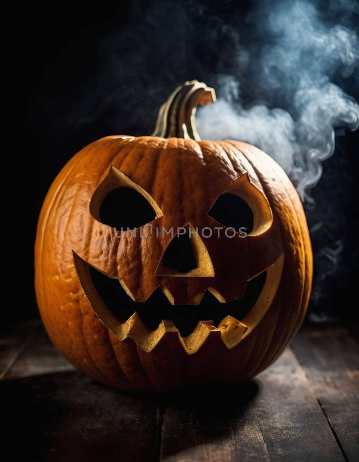 A carved pumpkin sits illuminated, emitting a soft glow while smoke curls upwards. The jack-o'-lantern features a mischievous face, capturing the essence of Halloween festivities and seasonal fun. AI
