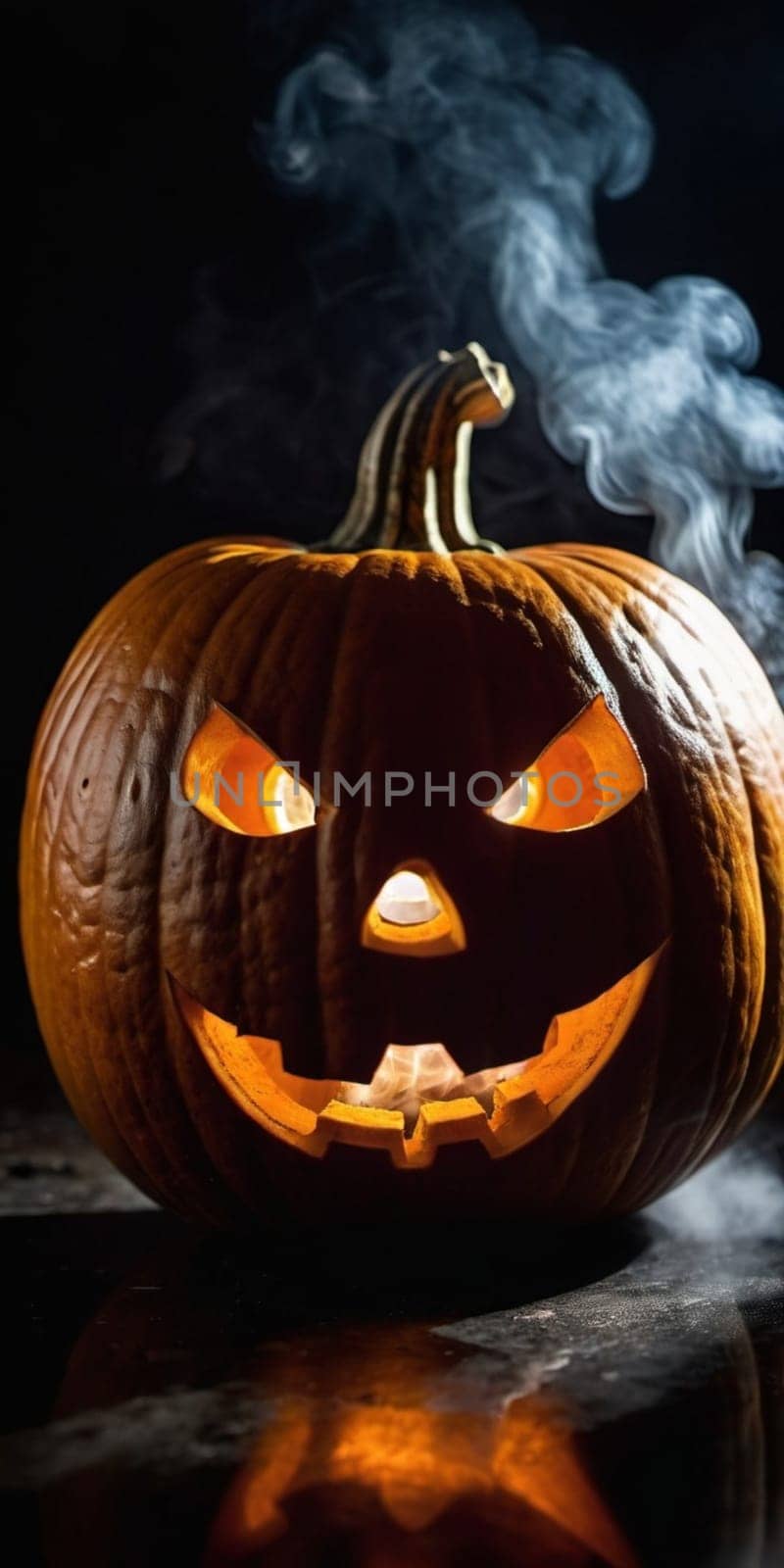 A carved pumpkin sits illuminated, emitting a soft glow while smoke curls upwards. The jack-o'-lantern features a mischievous face, capturing the essence of Halloween festivities and seasonal fun. AI