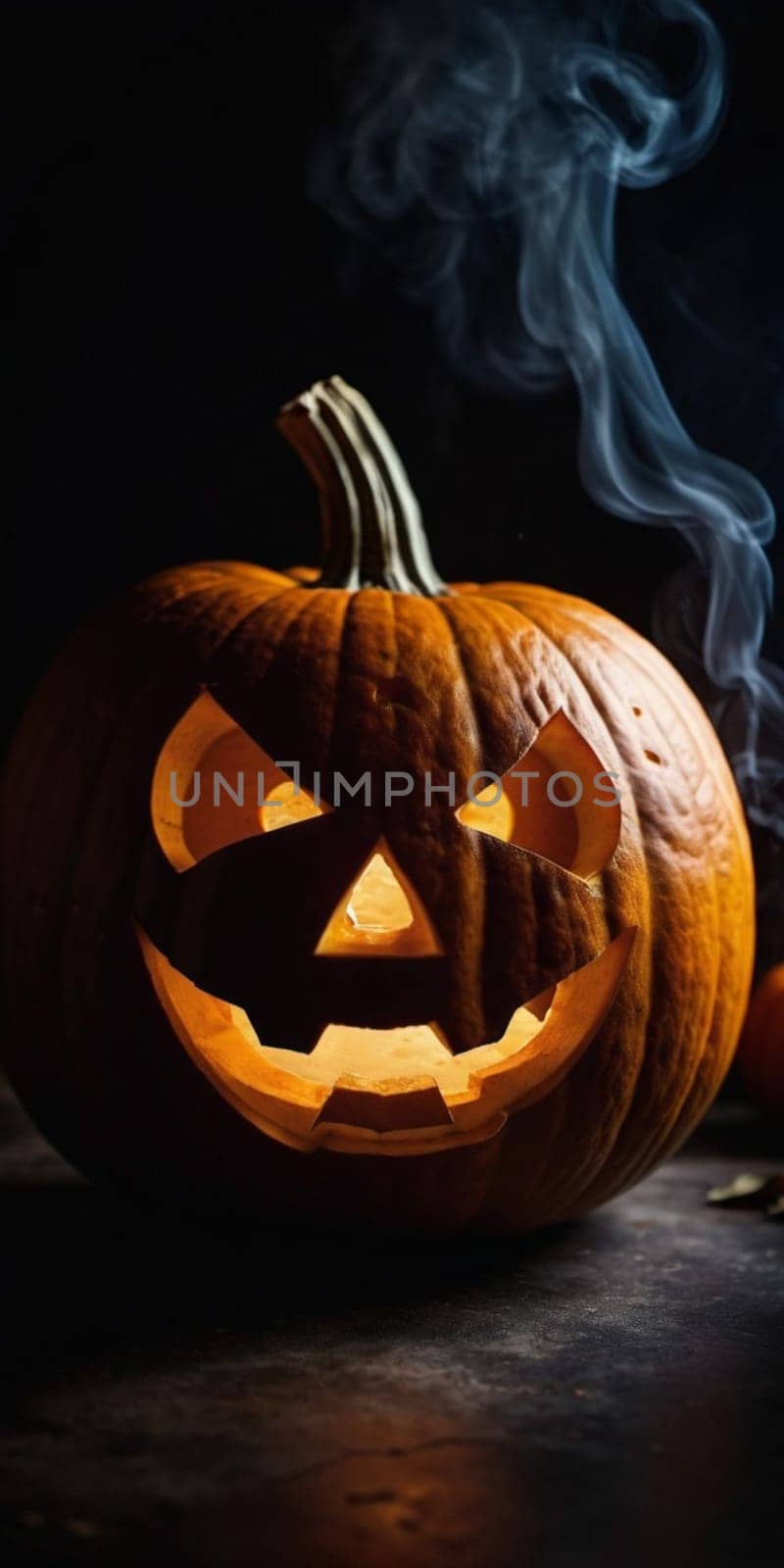 A carved pumpkin sits illuminated, emitting a soft glow while smoke curls upwards. The jack-o'-lantern features a mischievous face, capturing the essence of Halloween festivities and seasonal fun. AI