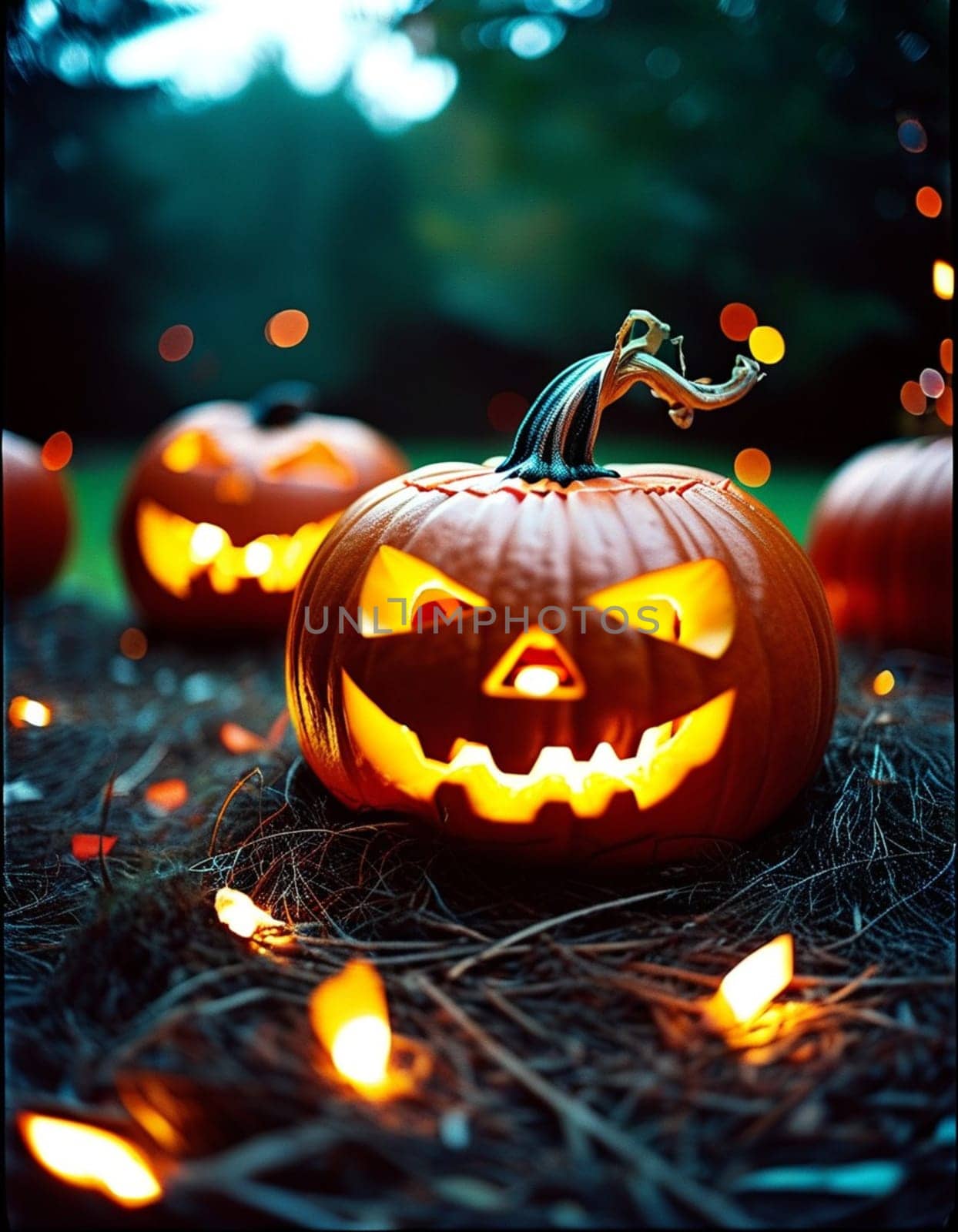 Large, grinning Halloween pumpkin glows among smaller pumpkins and autumn leaves, casting warm, inviting light as candlelight flickers softly in background, perfect for festive evening. Generative AI.