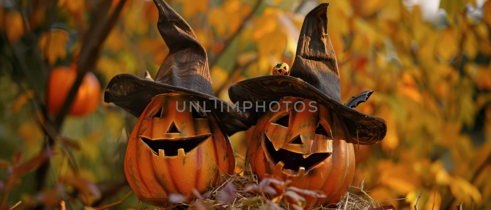Two carved pumpkins with cheerful faces wearing witch hats are surrounded by autumn foliage and pumpkins.