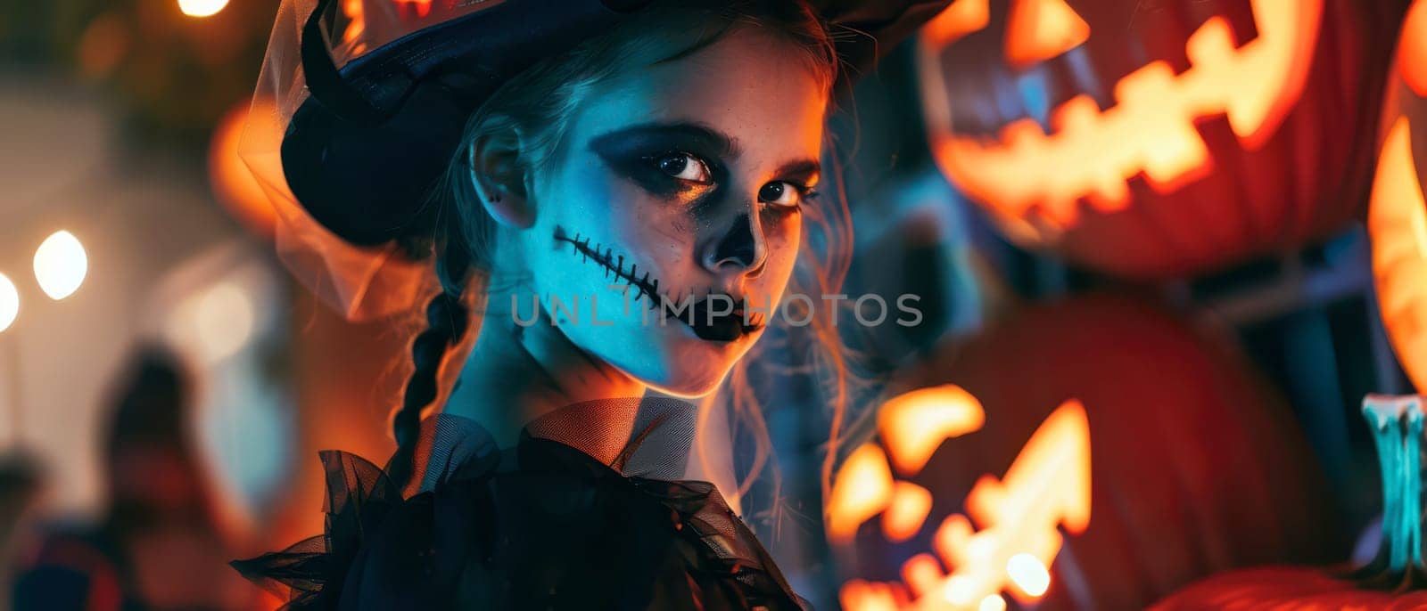 A young girl dressed as a spooky character stands among glowing Halloween pumpkins, showcasing her intricate makeup and costume in a festive atmosphere.