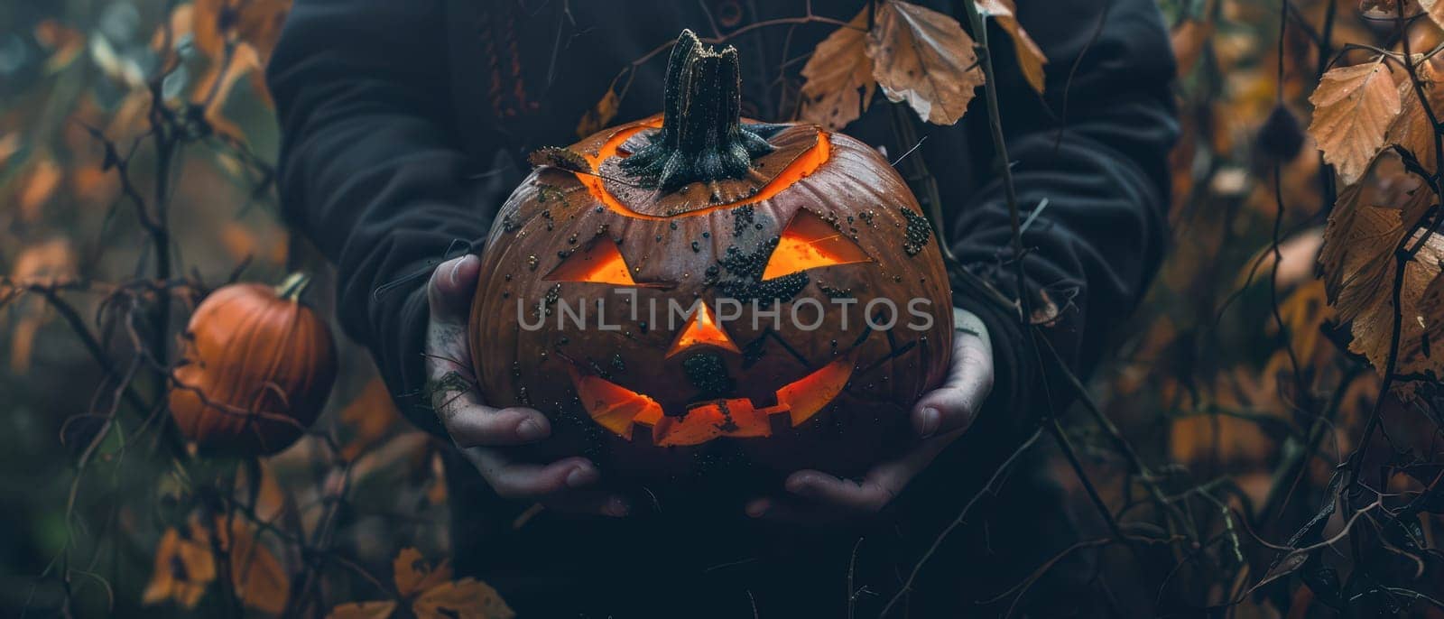 A person cradles a glowing jack-o'-lantern among autumn leaves and pumpkins, showcasing the festive spirit of Halloween in a forest setting.
