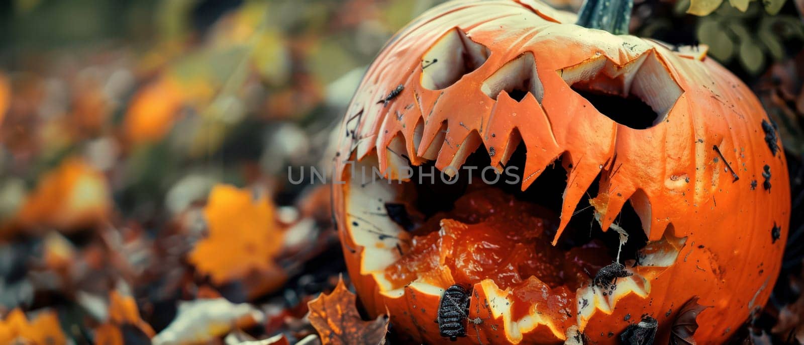 A carved pumpkin with a jagged smile and hollow eyes sits on the ground, filled with pumpkin guts, surrounded by colorful autumn leaves.