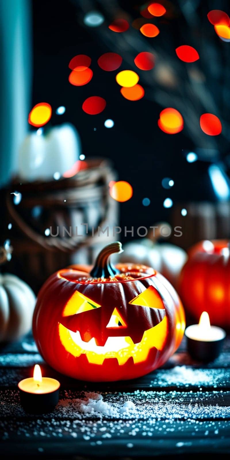 Large, grinning Halloween pumpkin glows among smaller pumpkins and autumn leaves, casting warm, inviting light as candlelight flickers softly in background, perfect for festive evening. Generative AI.
