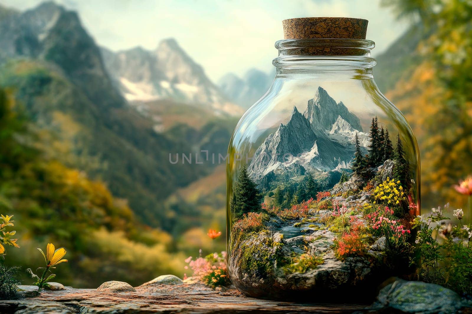 Corked glass bottle with amazing natural landscape. AI generated
