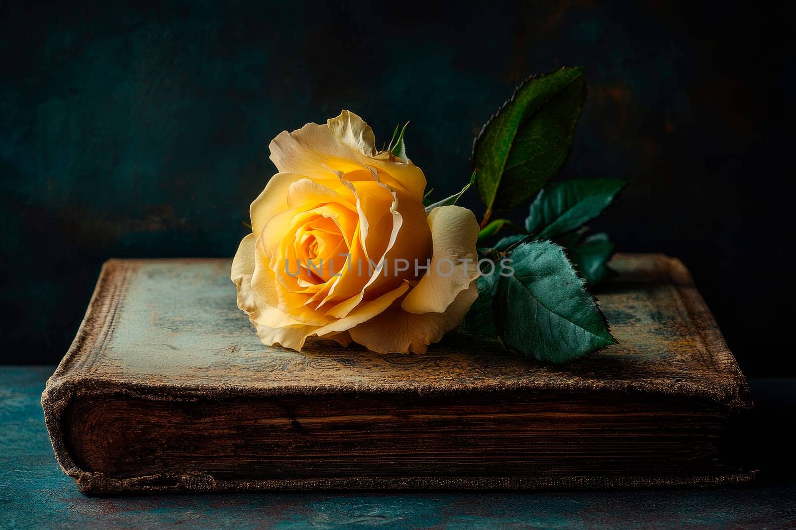 Old book on the table with a yellow rose, close-up view. AI generated