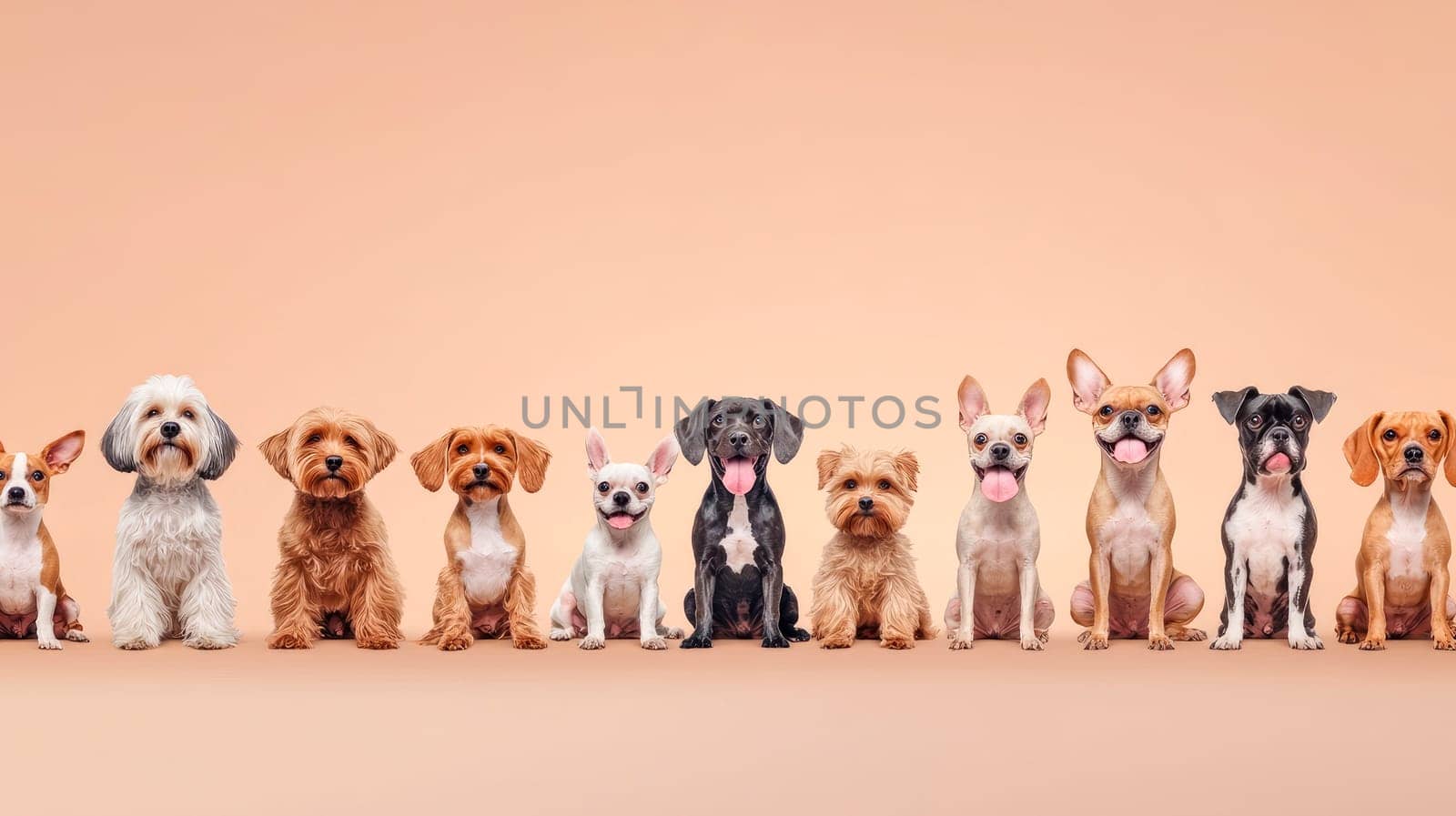 Various breeded dogs sitting on a light beige color background. AI generated