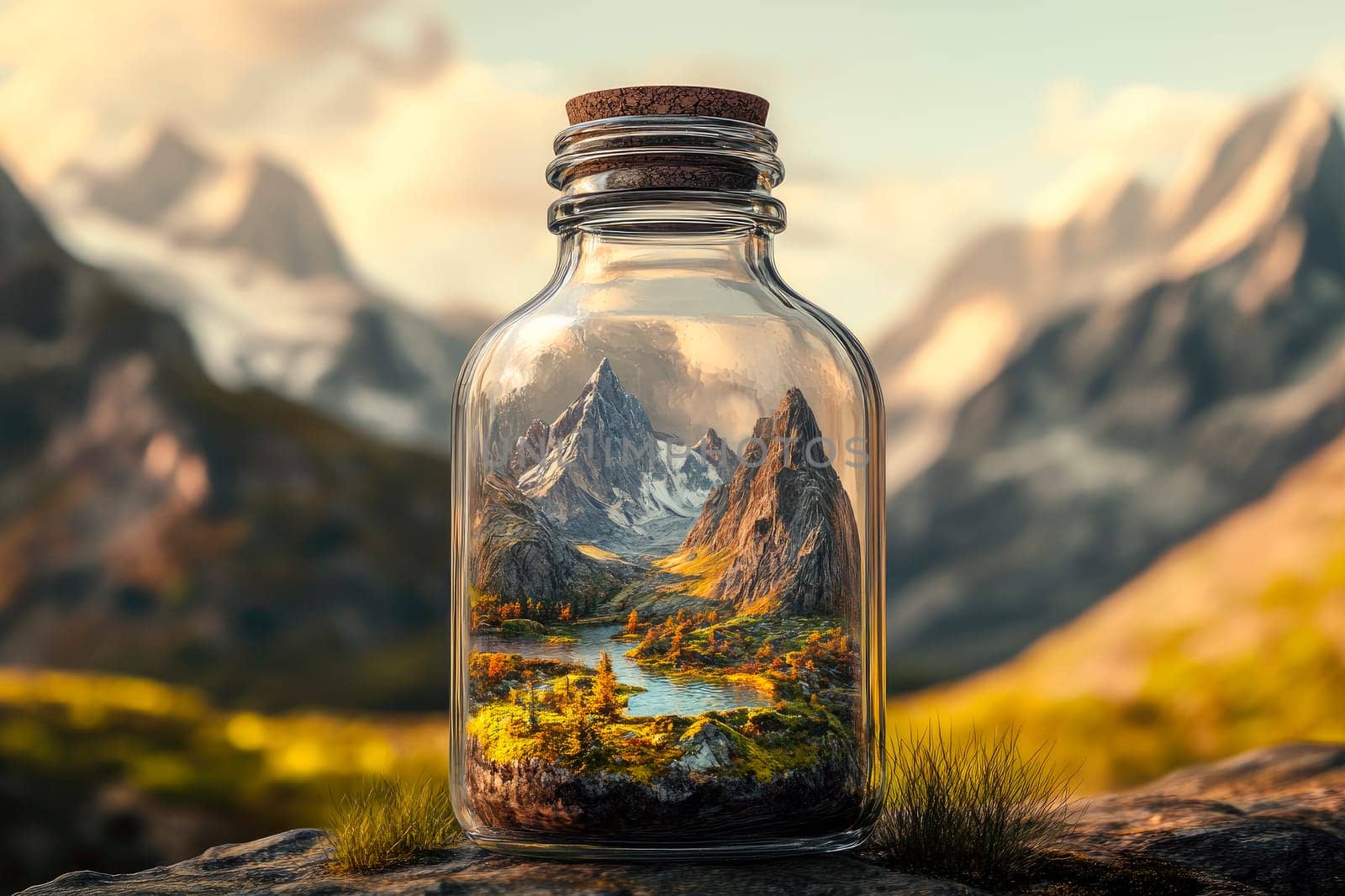 Corked clear glass bottle with amazing natural landscape. Nature saving concept. AI generated