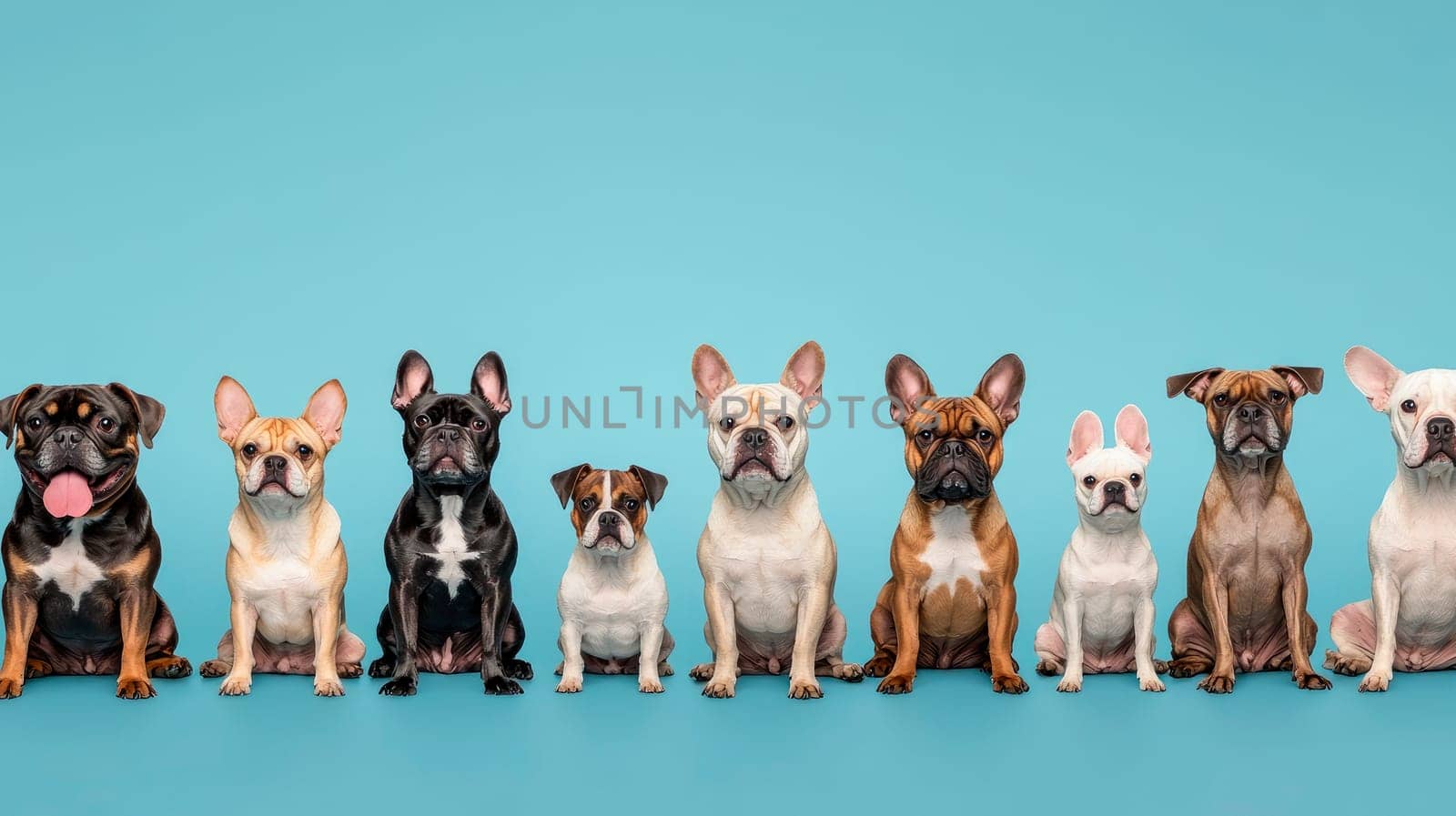 Various breeded dogs sitting on a blue color background. AI generated