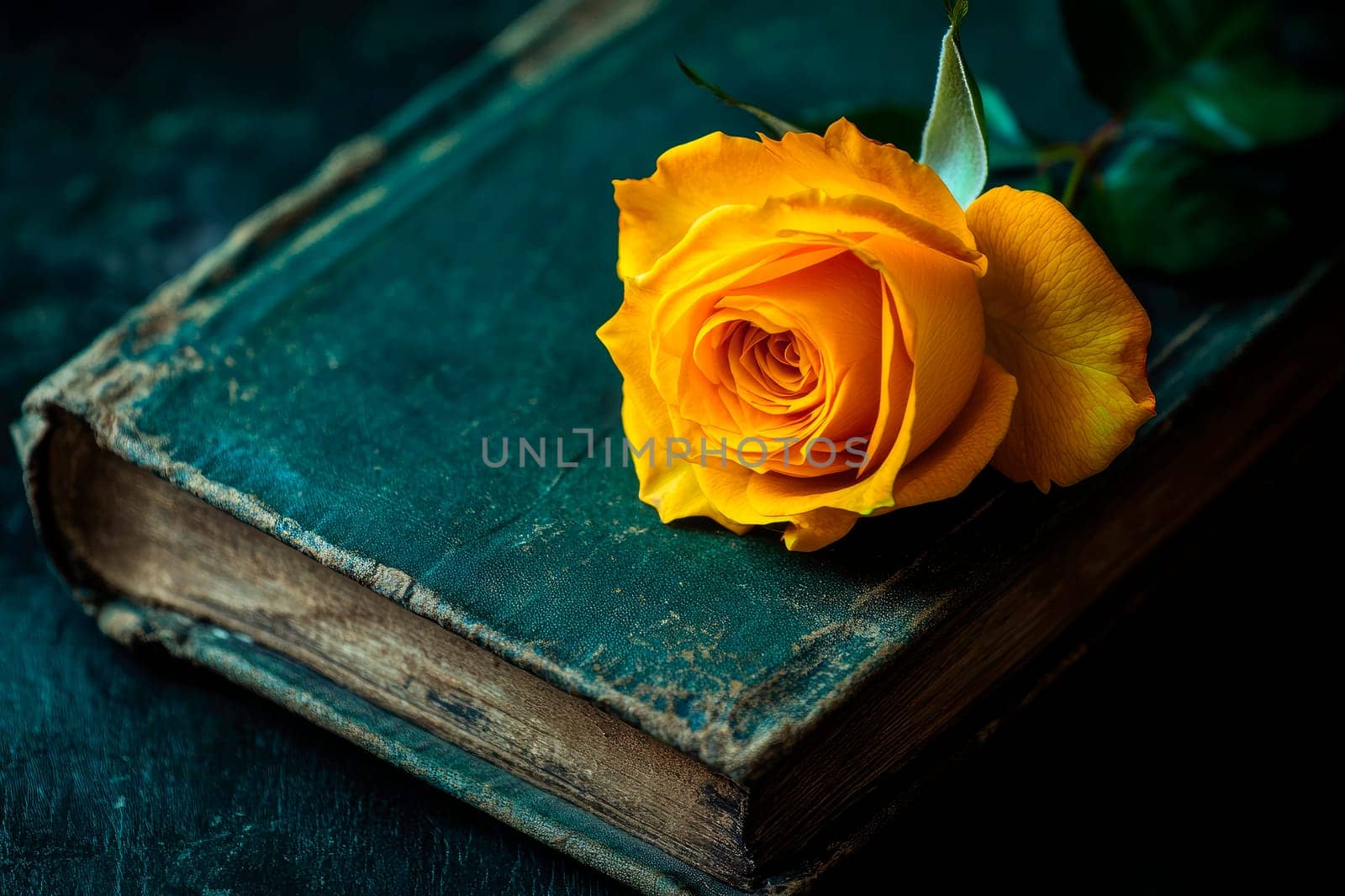 Old book with a yellow rose on the table, close-up view. AI generated