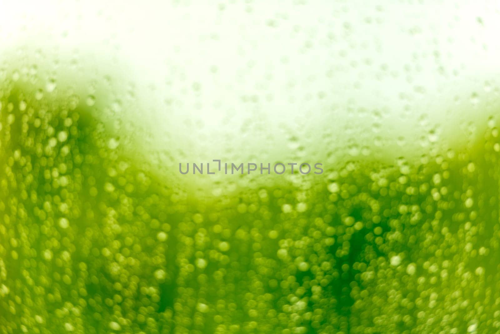 Water drops on a glass surface. Defocused green blur image with bokeh
