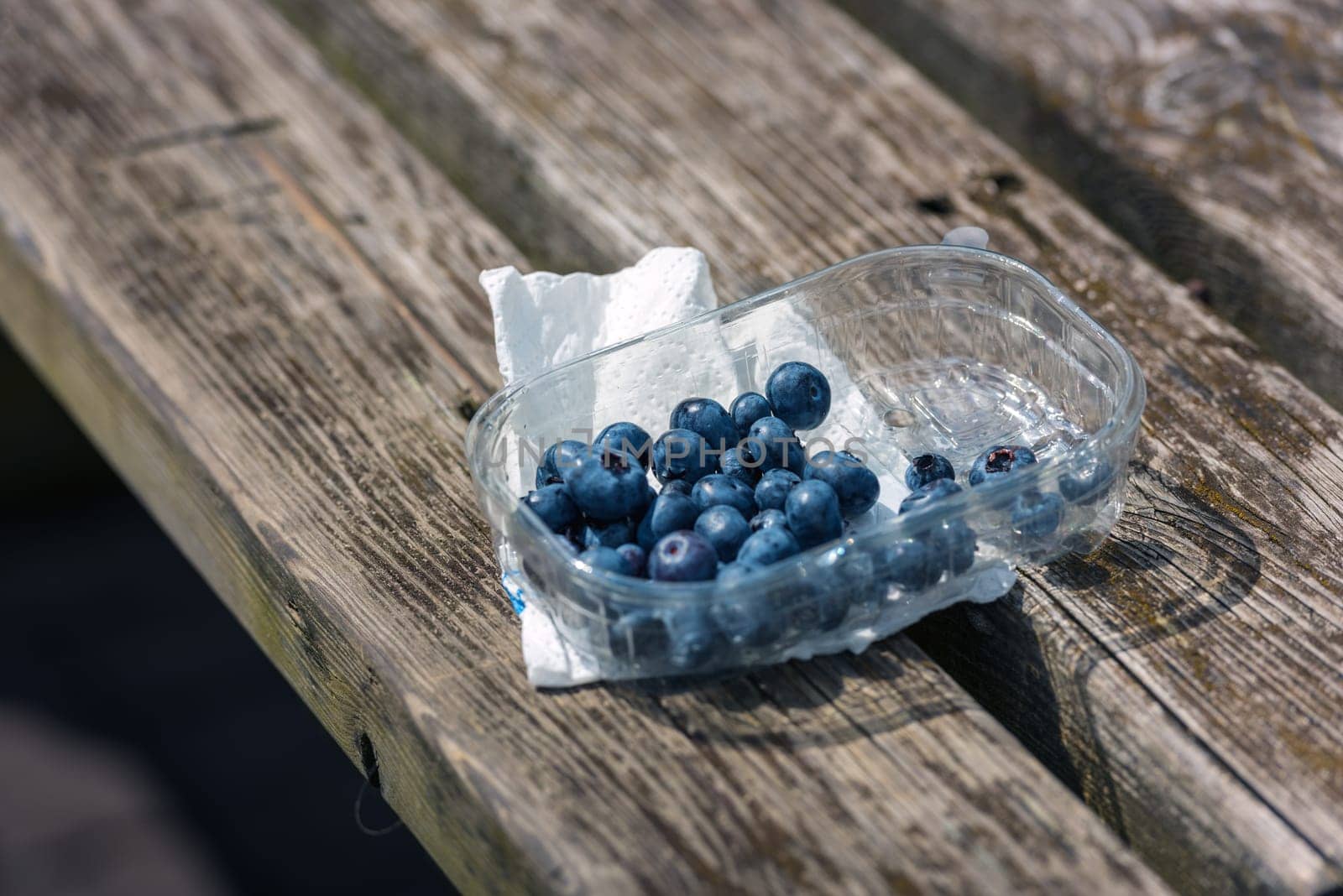 Blueberries in a plastic box on the wooden rustic table. Small GRIP