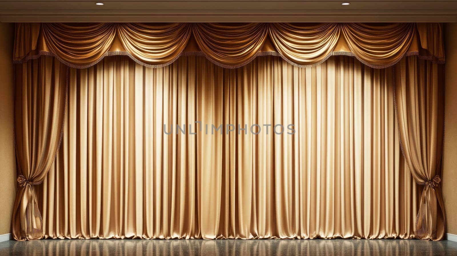 Empty theater stage with golden curtains. AI generated