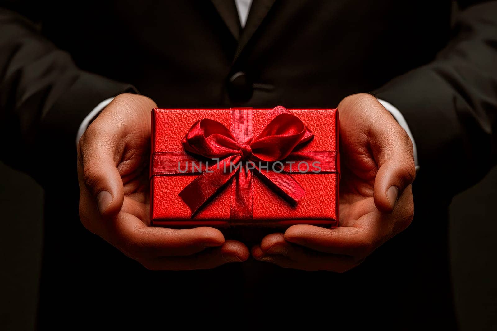 Red gift box in a hands of man in elegant black suite on a dark background. AI generated