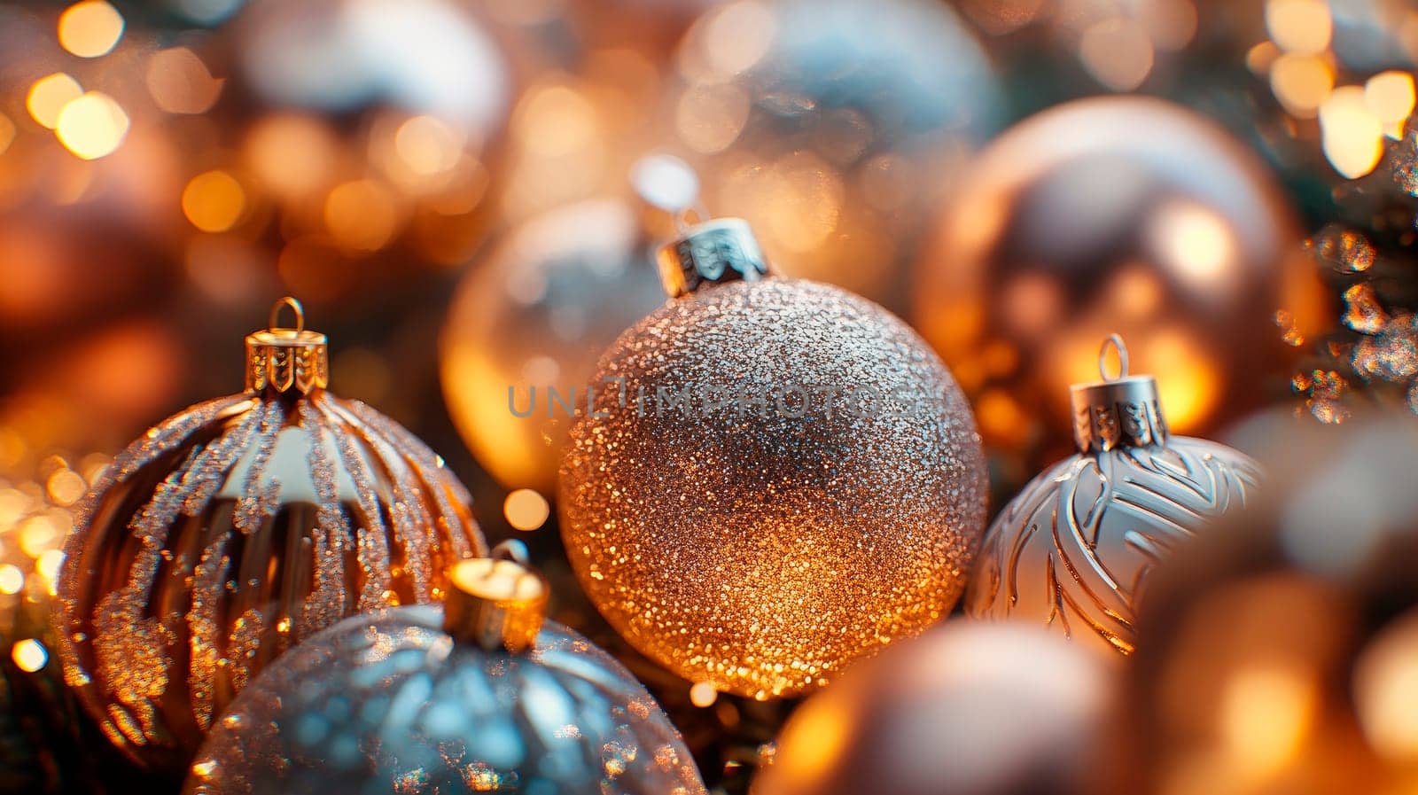 Close-up of golden Christmas ornaments, showing the warmth of holiday lights. AI generated