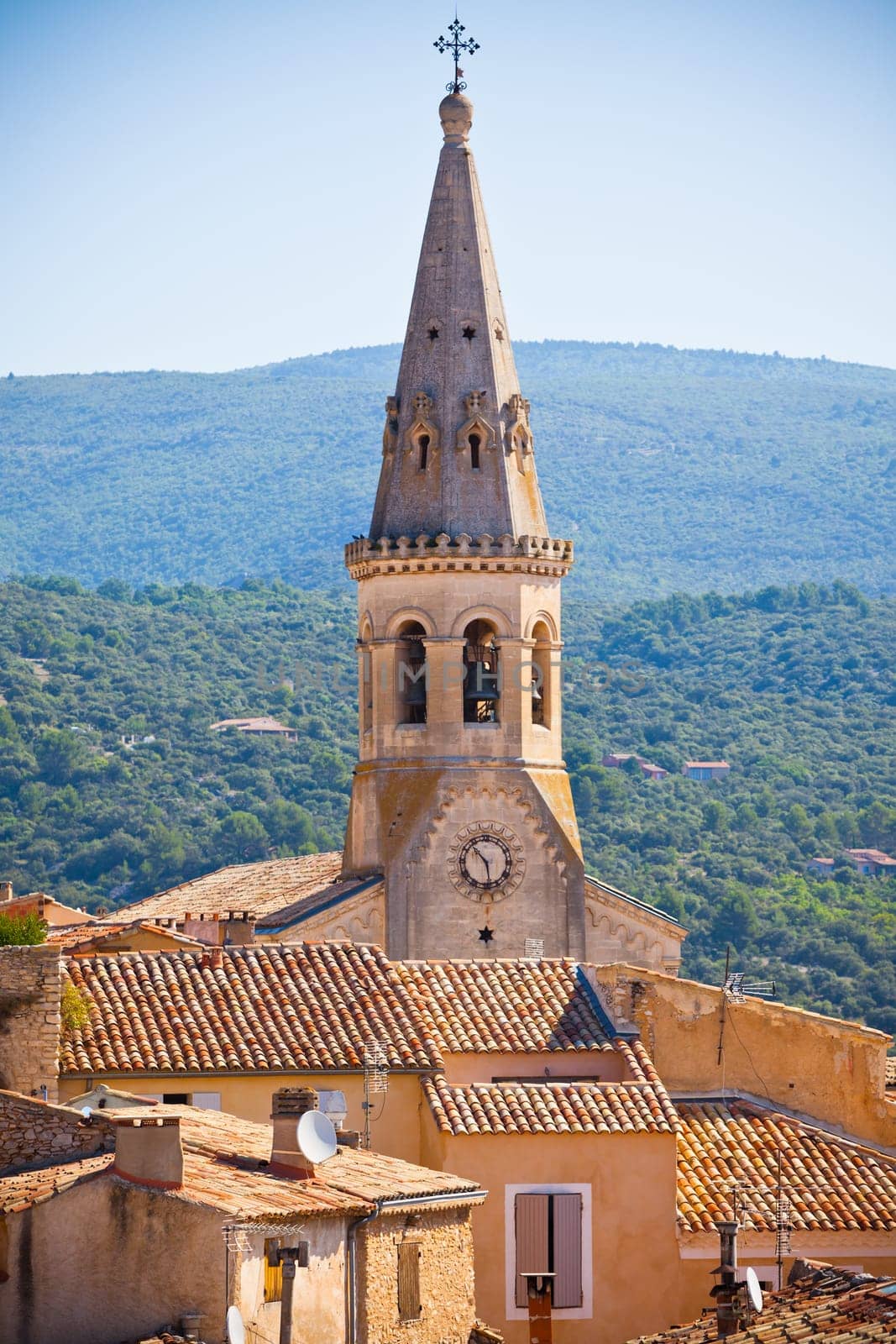 View of Saint Saturnin d Apt, Provence, France. Skyline with The Cathedral roof