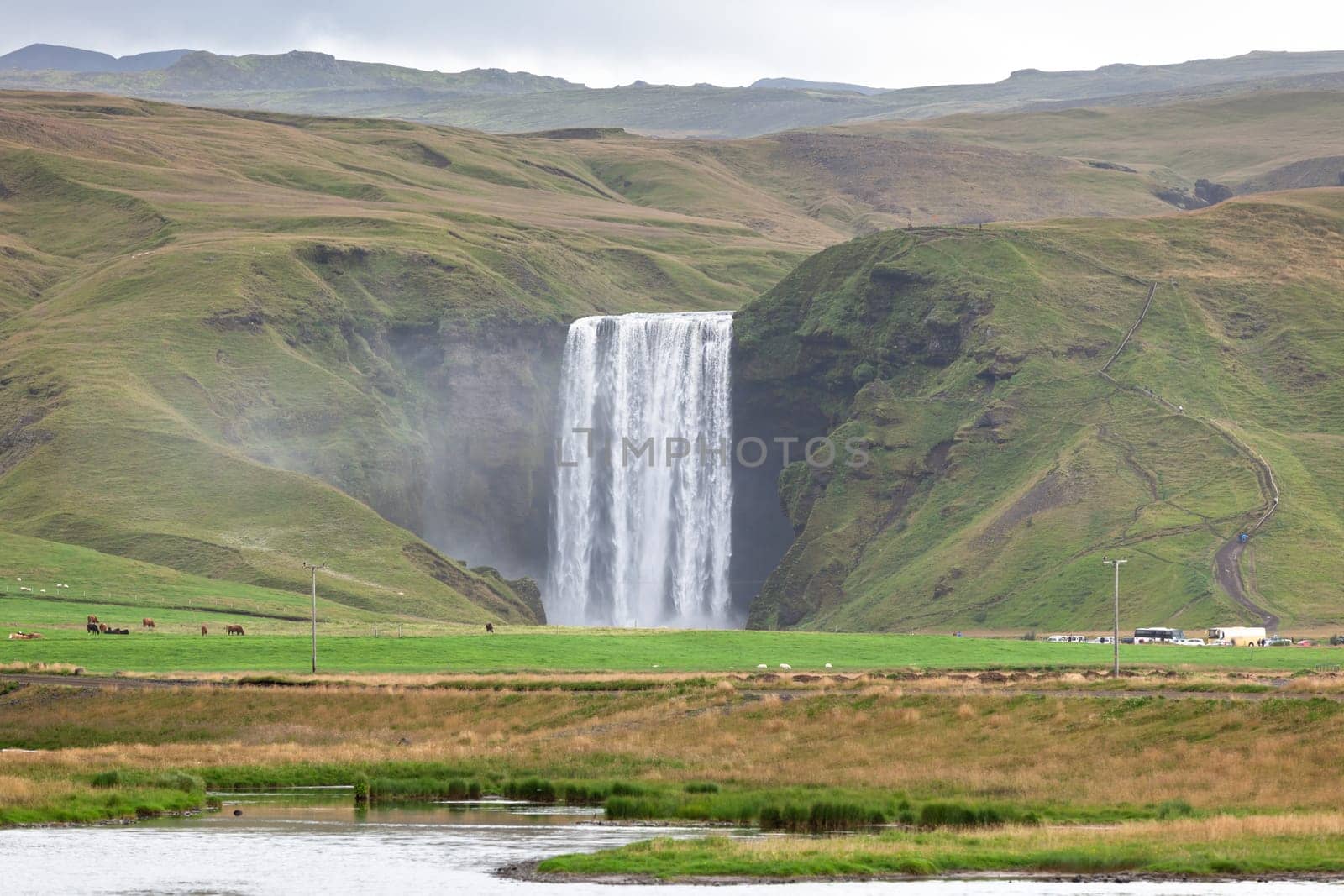 Skogafoss Waterfall, southern part of Iceland, at overcast weather
