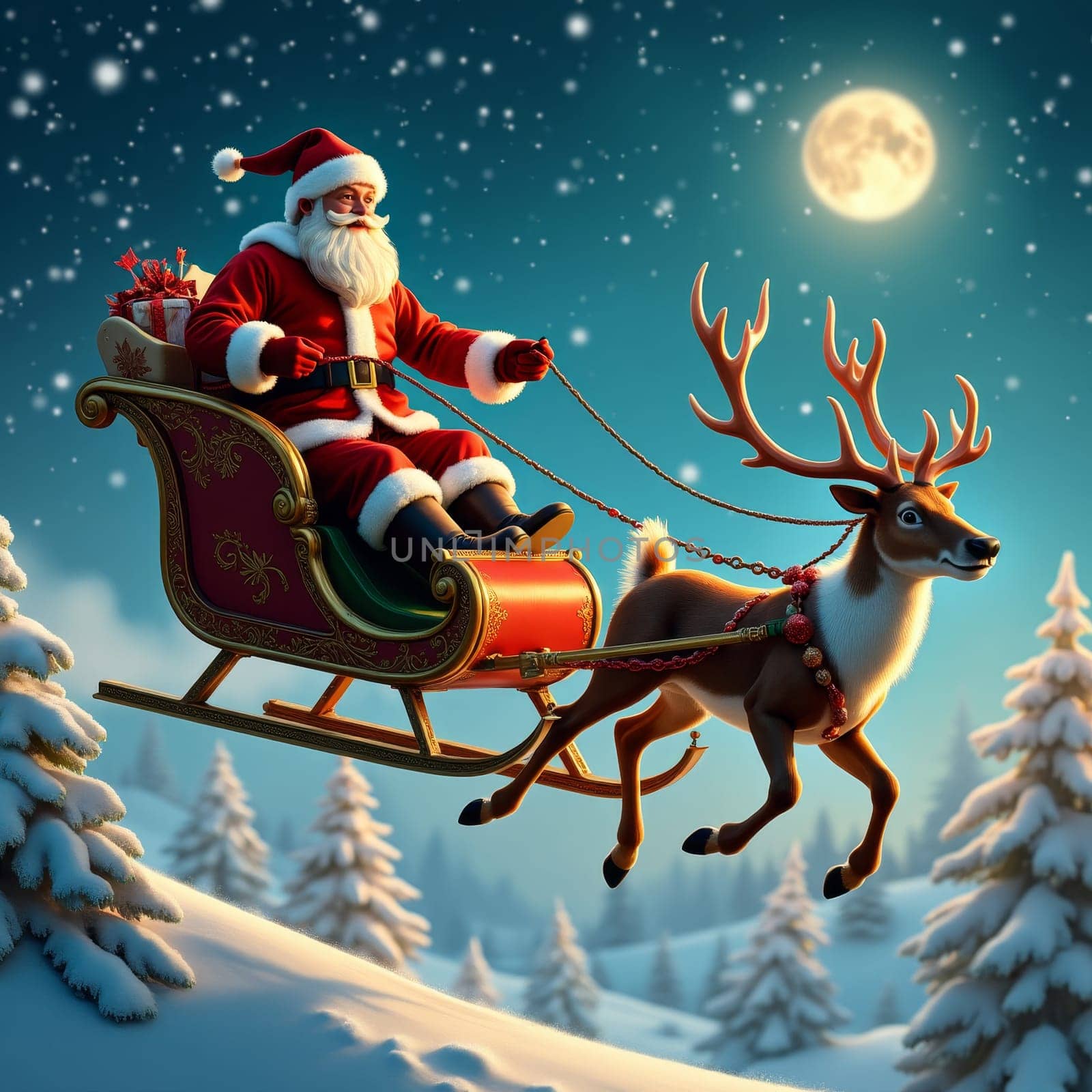 A jolly figure in a red suit rides a sleigh pulled by a reindeer through a starry night sky, embodying the magic and wonder of Christmas Eve.