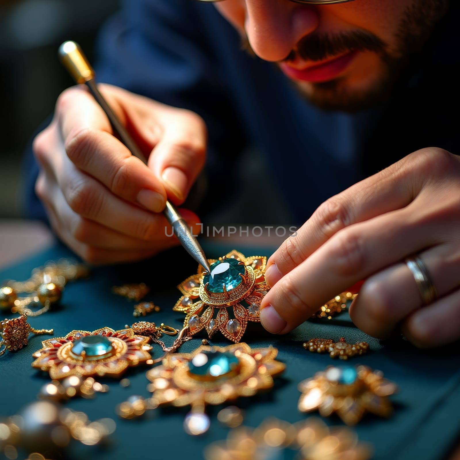 Close-up of a jeweler's hands working on an ornate gold jewelry piece with turquoise gemstones, using precision tools against a dark background.