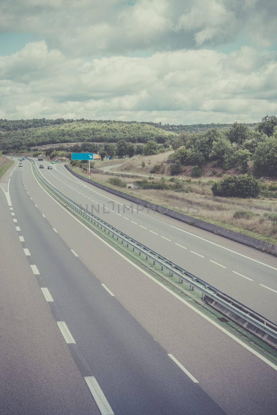 Highway through France at summer time. Top view