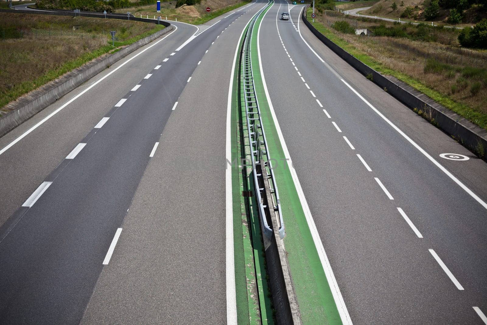 Highway through France at summer time. Top view