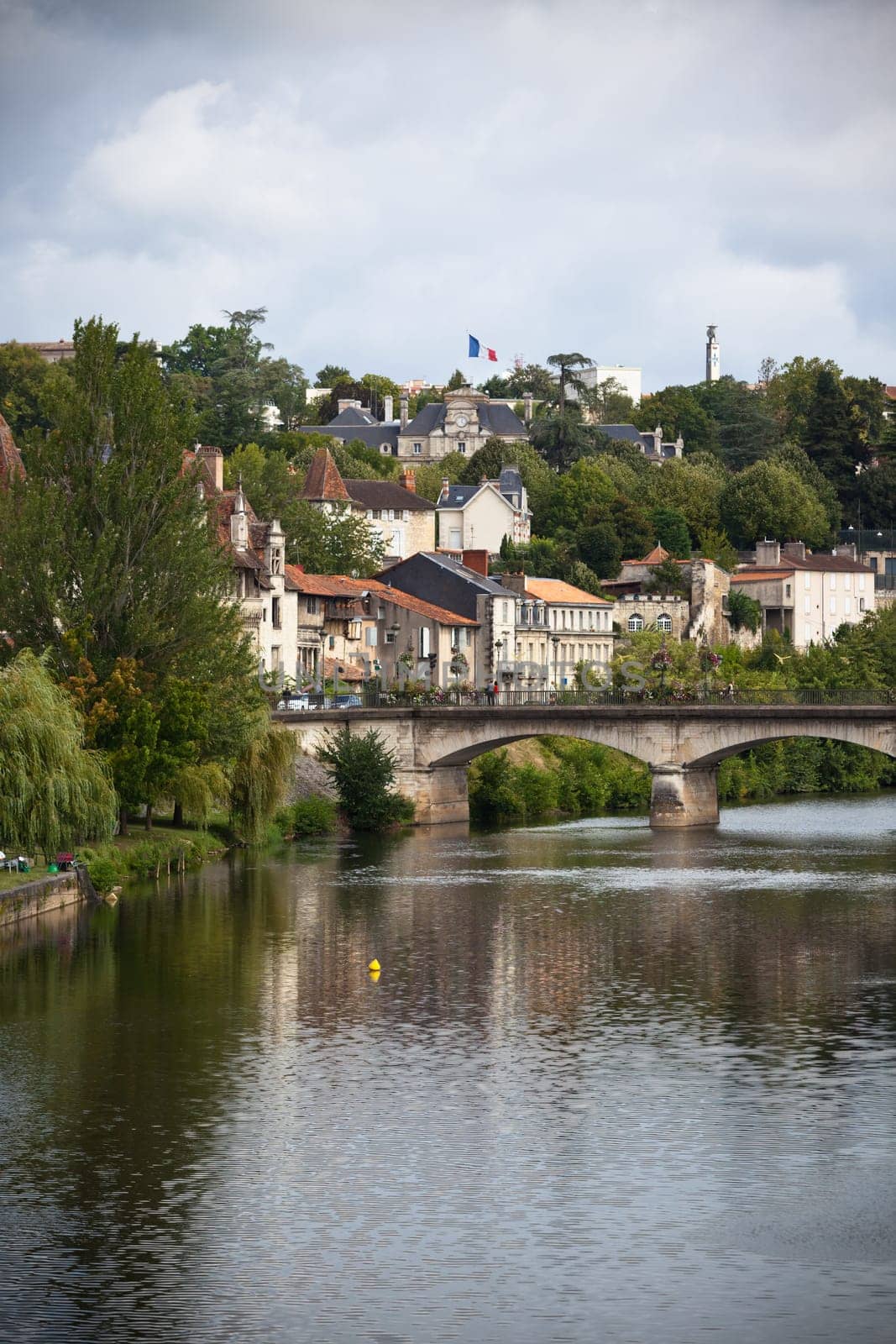 Picturesque view of Perigord town in France. Landscape with the river Vezere.