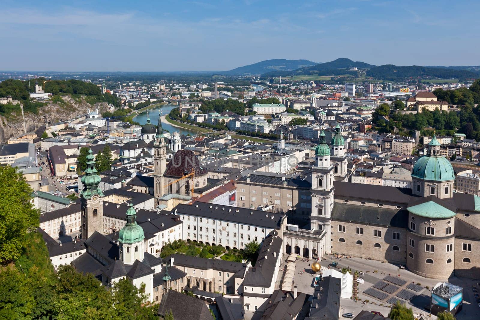 Top view of the Salzach river and the old city in center of Salzburg, Austria, from the walls of the fortress