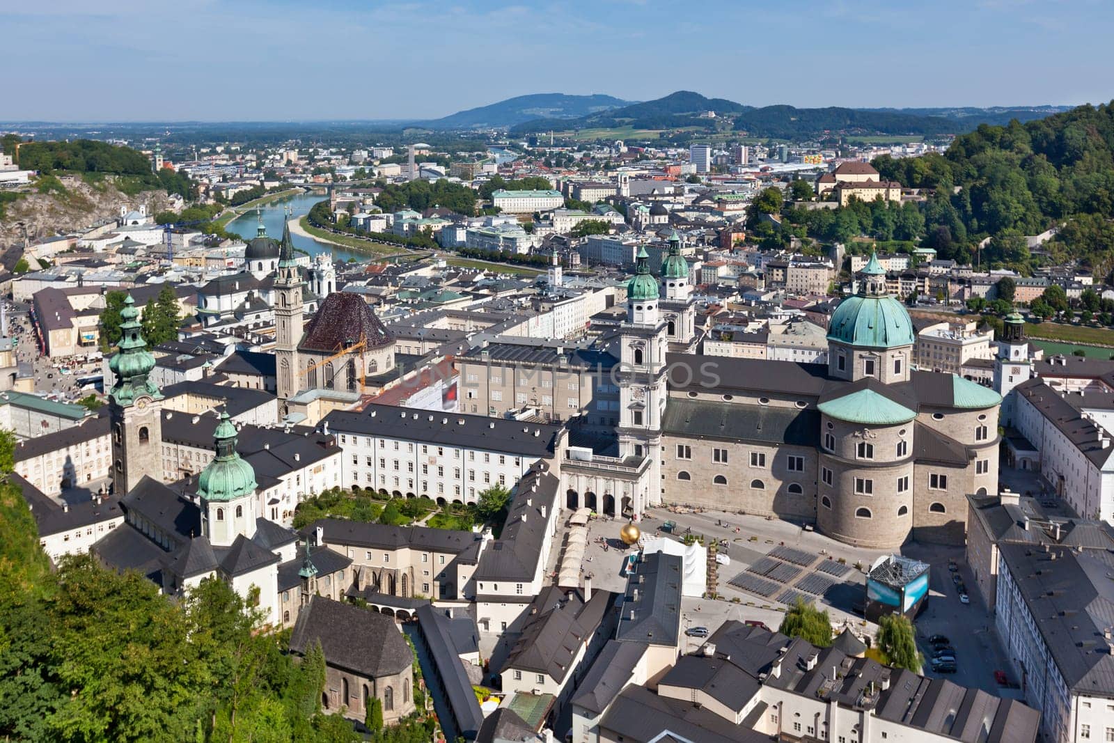 Top view of the Salzach river and the old city in center of Salzburg, Austria, from the walls of the fortress