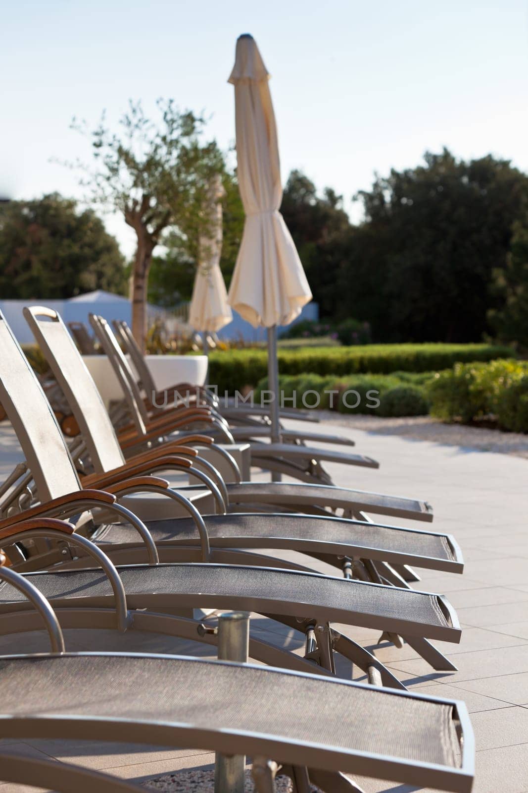 Hotel Poolside Chairs Row. Vertical shot