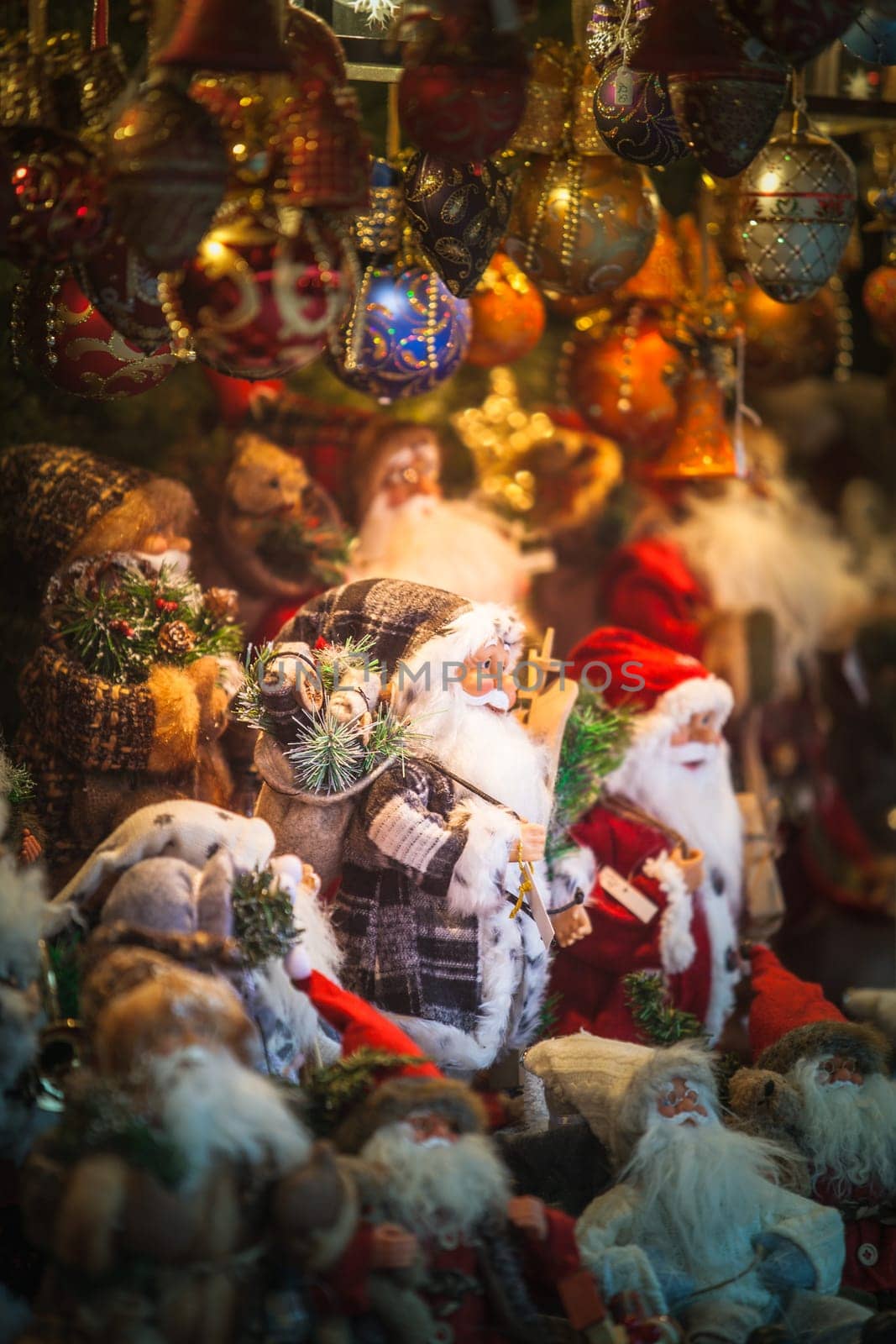 Christmas decoration on an european market. Holiday shopping