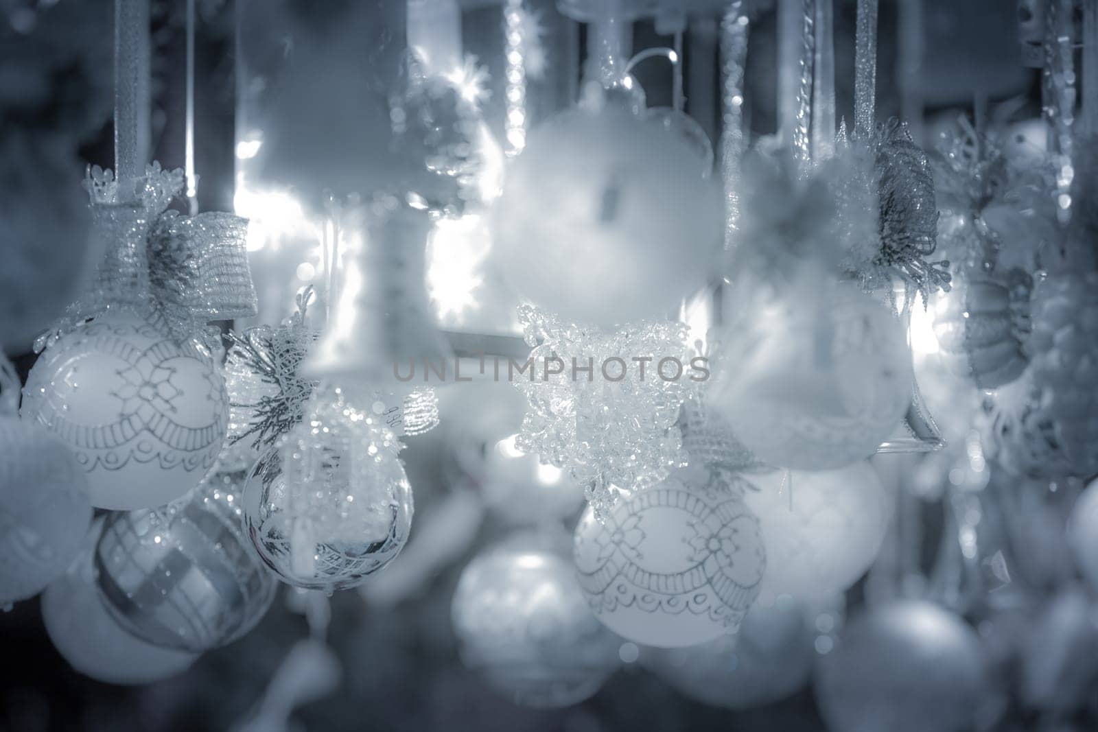 Christmas decoration on an european market. Holiday shopping