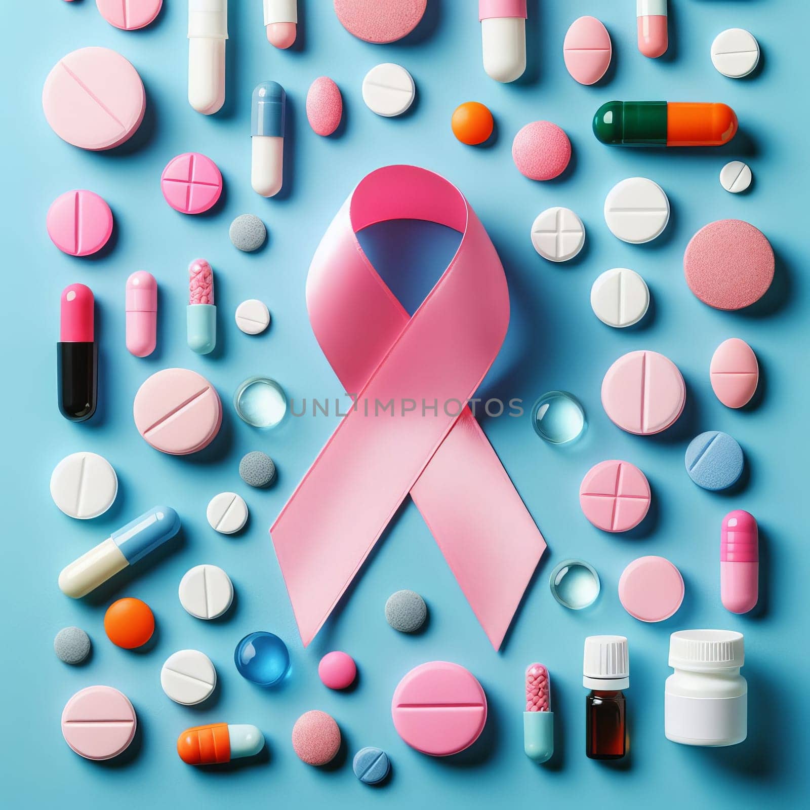 Pink ribbon and colorful pills on a blue background, symbolizing breast cancer awareness and medication