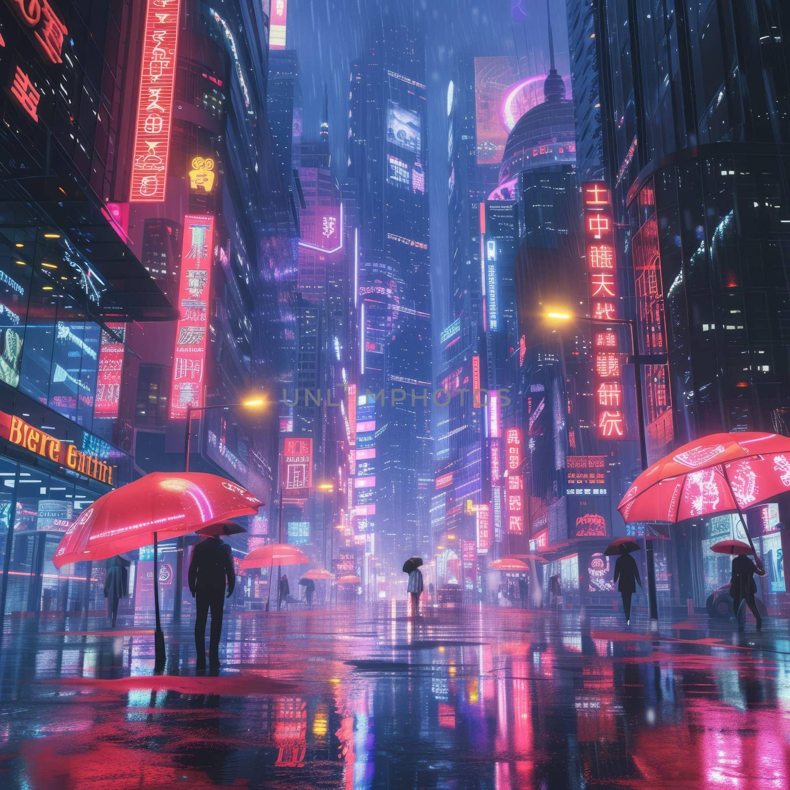 Futuristic cityscape at night with neon lights and reflections on wet streets, creating a vibrant cyberpunk atmosphere