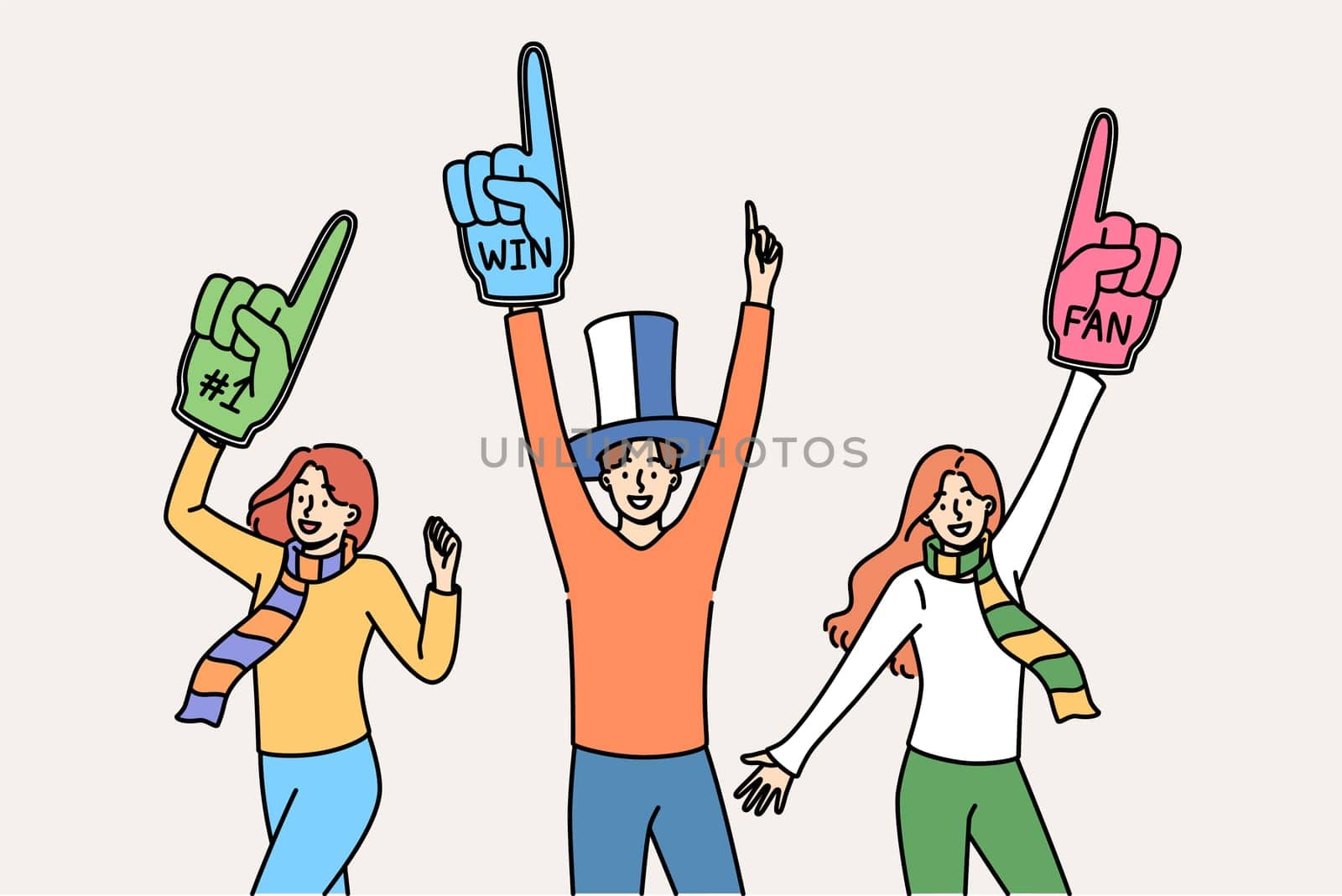 Group of fans raise hands in air, chanting slogans to support football team at sports tournament. Fans with accessories for visiting stadium and moral assistance to players fighting for champion title