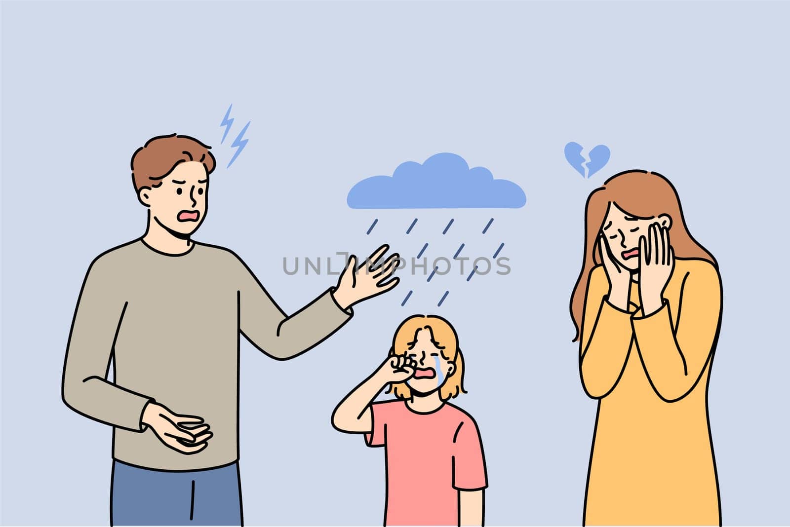 Child finds it difficult to cope with parents divorce, standing between aggressive man and upset woman. Mom and dad divorce causing stress for little daughter due to lack of common interests