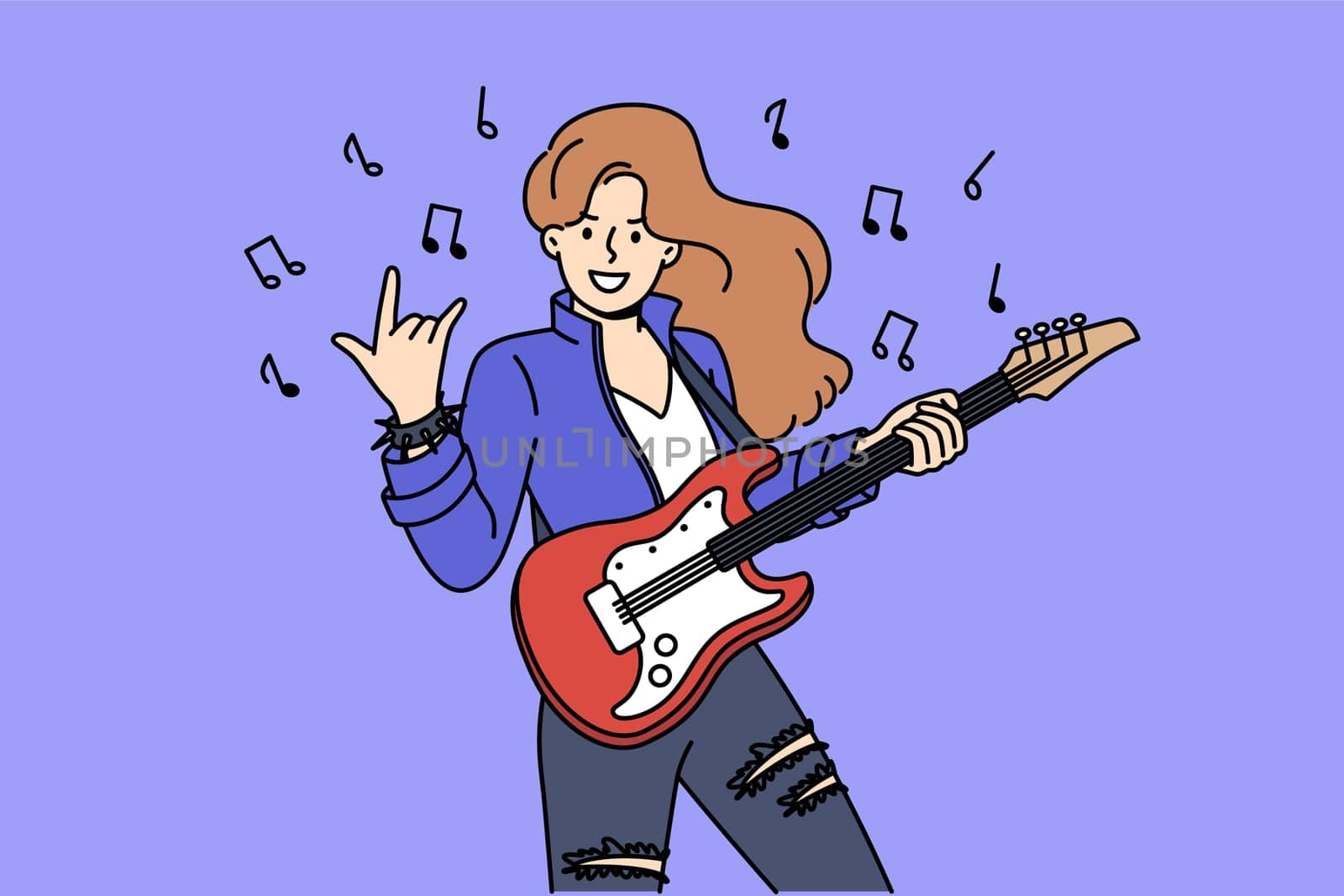 Woman rock star plays electric guitar and demonstrates cool gesture, standing among notes. Girl participating in rock concert performs on stage for audience, performing song from new album