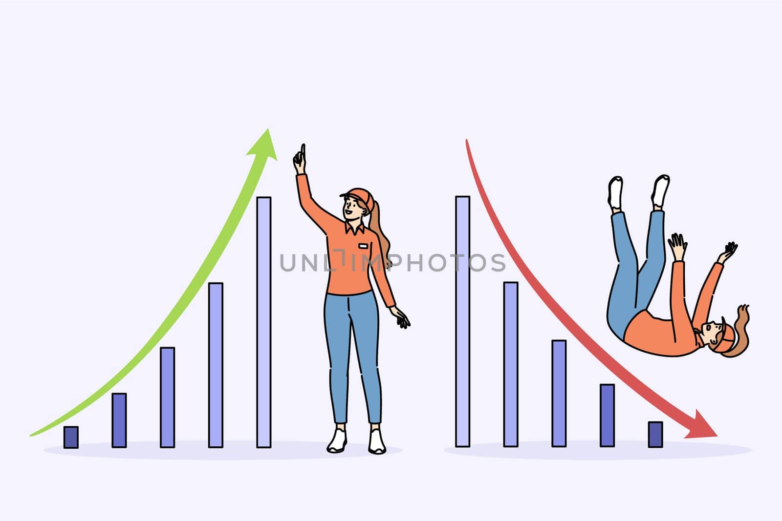 Woman courier near rising and falling graph symbolizing changing trends in logistics business. Courier girl falls after onset of crisis and decrease in flow of customers from online stores