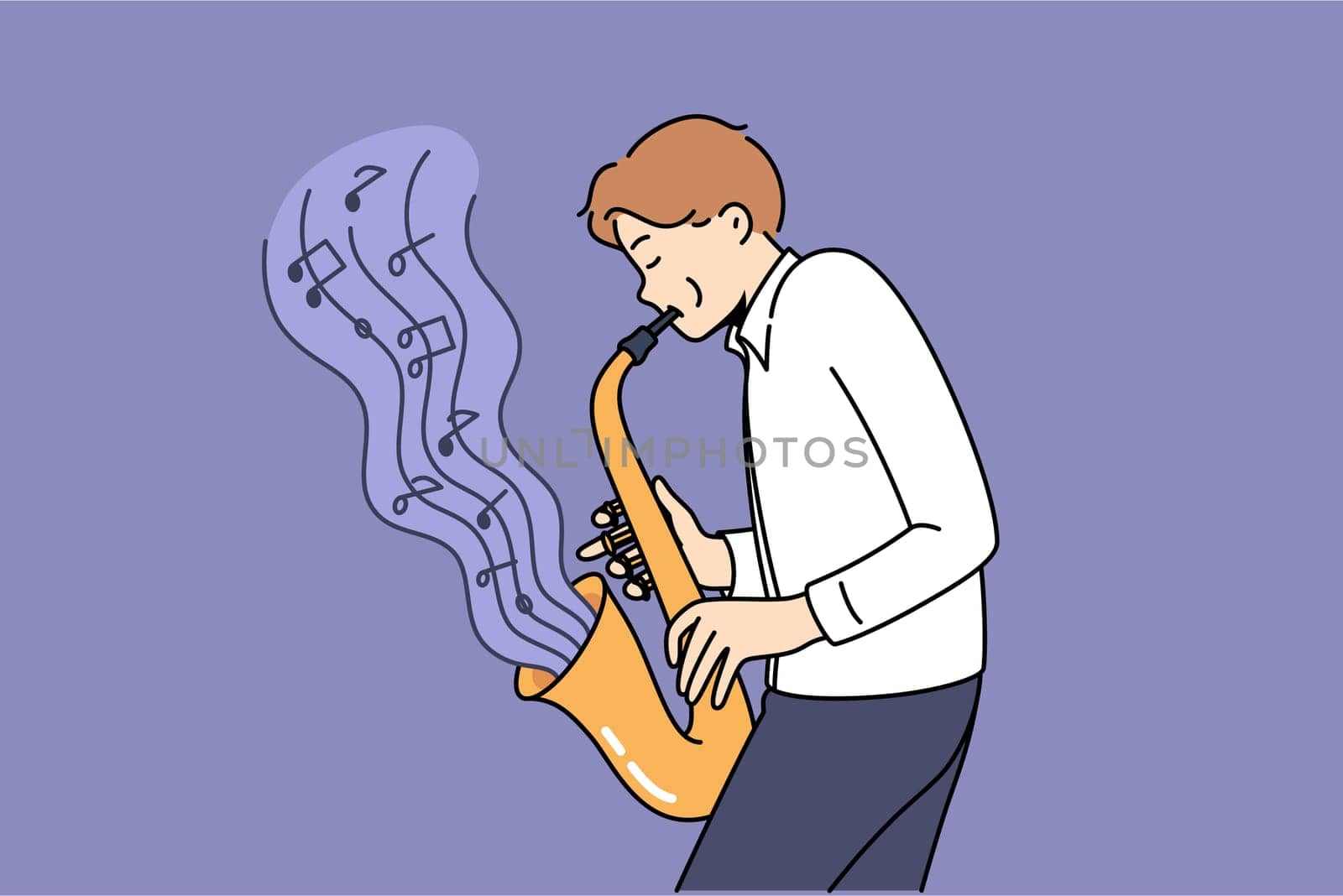 Man masterfully plays jazz composition on saxophone, blowing notes from musical instrument. Talented guy plays saxophone, thanks to excellent hearing and talent, helps entertain people