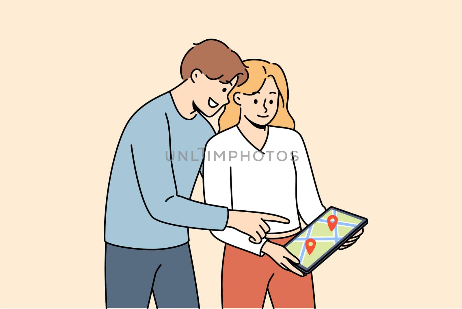 Digital maps are used by man and woman to plot route while traveling to new city. Happy couple holding electronic tablet with street map for navigation and geotags of must-see places