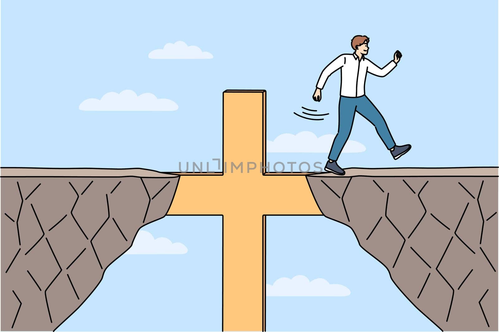 Religious business man overcomes obstacles thanks to christian crucifix and achieves goal. Guy corporate manager, is practicing catholic and achieves success in career using christian commandments.