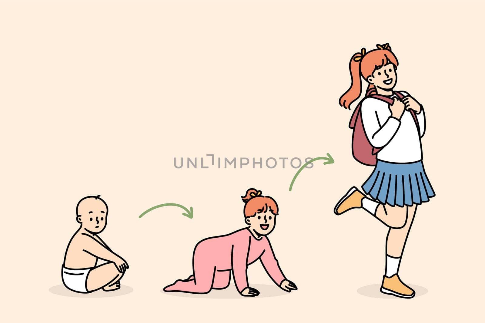 Life cycle of little girl becoming schoolgirl with backpack from baby in diapers. Concept of childhood milestones or stages of person development and life cycle from infancy to pre-adolescence