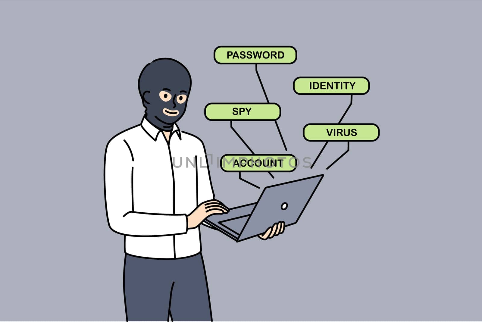Man hacker hacks website through laptop, standing in mask hiding face to remain anonymous. Anonymous hacker creates spy virus to crack account passwords and steal bank card numbers