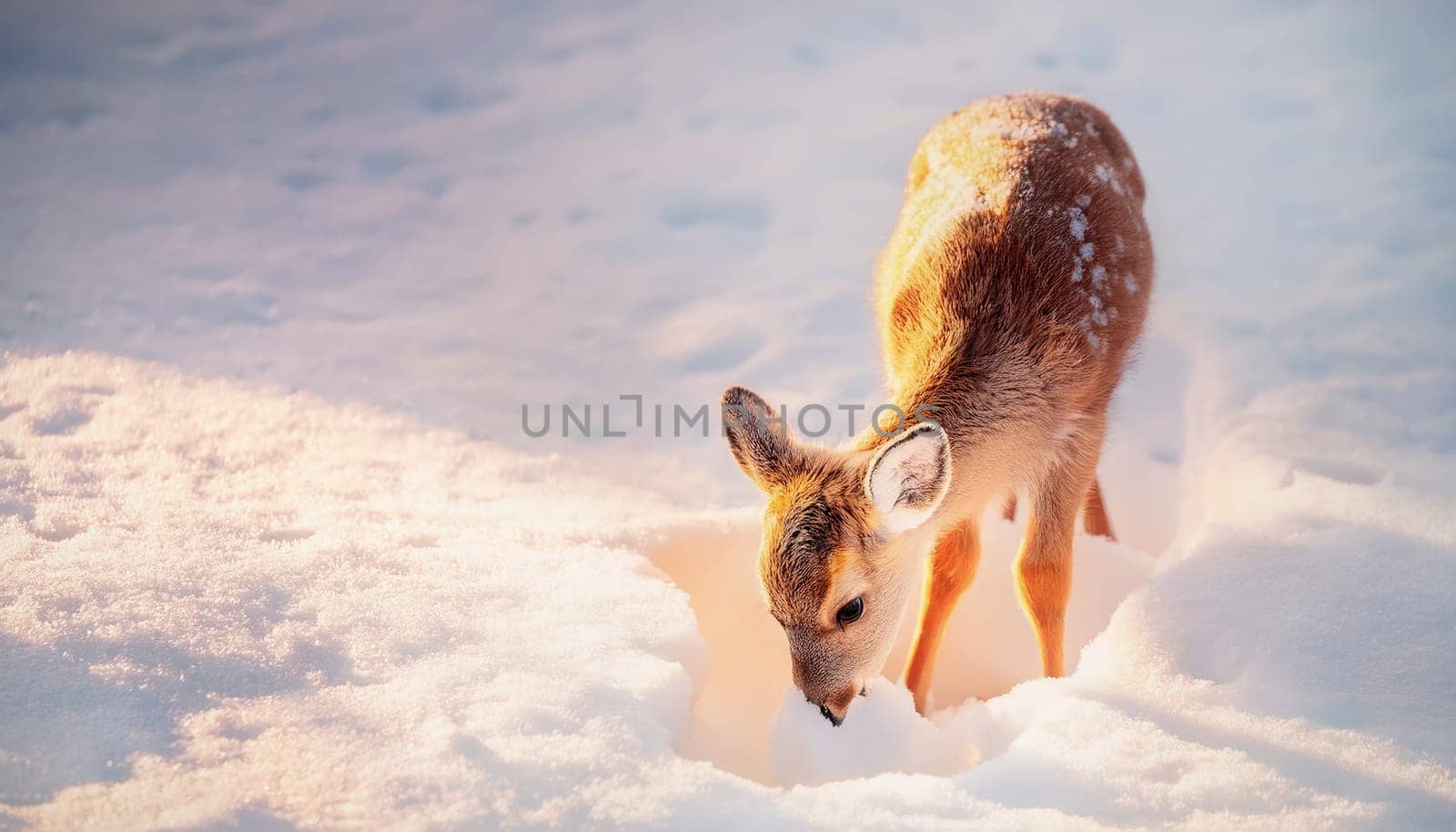 Winter scene of a deer fawn searching for food under the snow. Kid scraping snow to find something to eat. Cold season survival concept