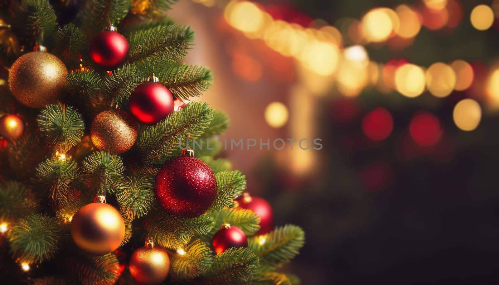 Decorated christmas tree background with copy space. Winter holidays atmosphere